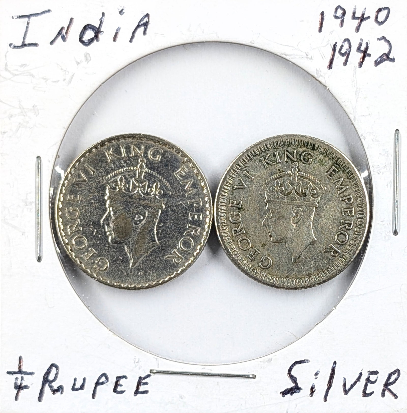 Lot of 2 Silver 1/4 Rupee India Coins-1940,1942: Silver
