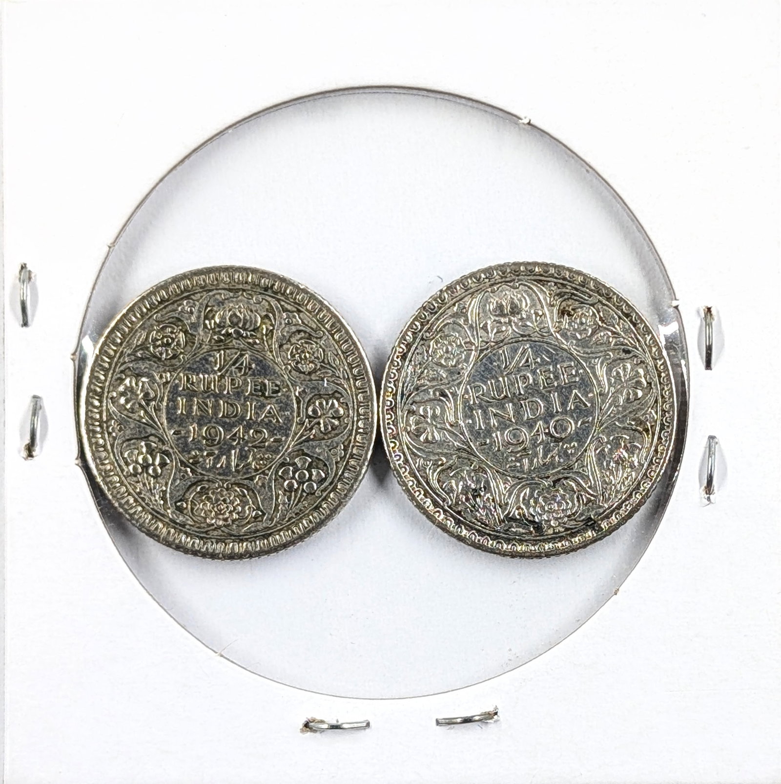 Lot of 2 Silver 1/4 Rupee India Coins-1940,1942 - 2