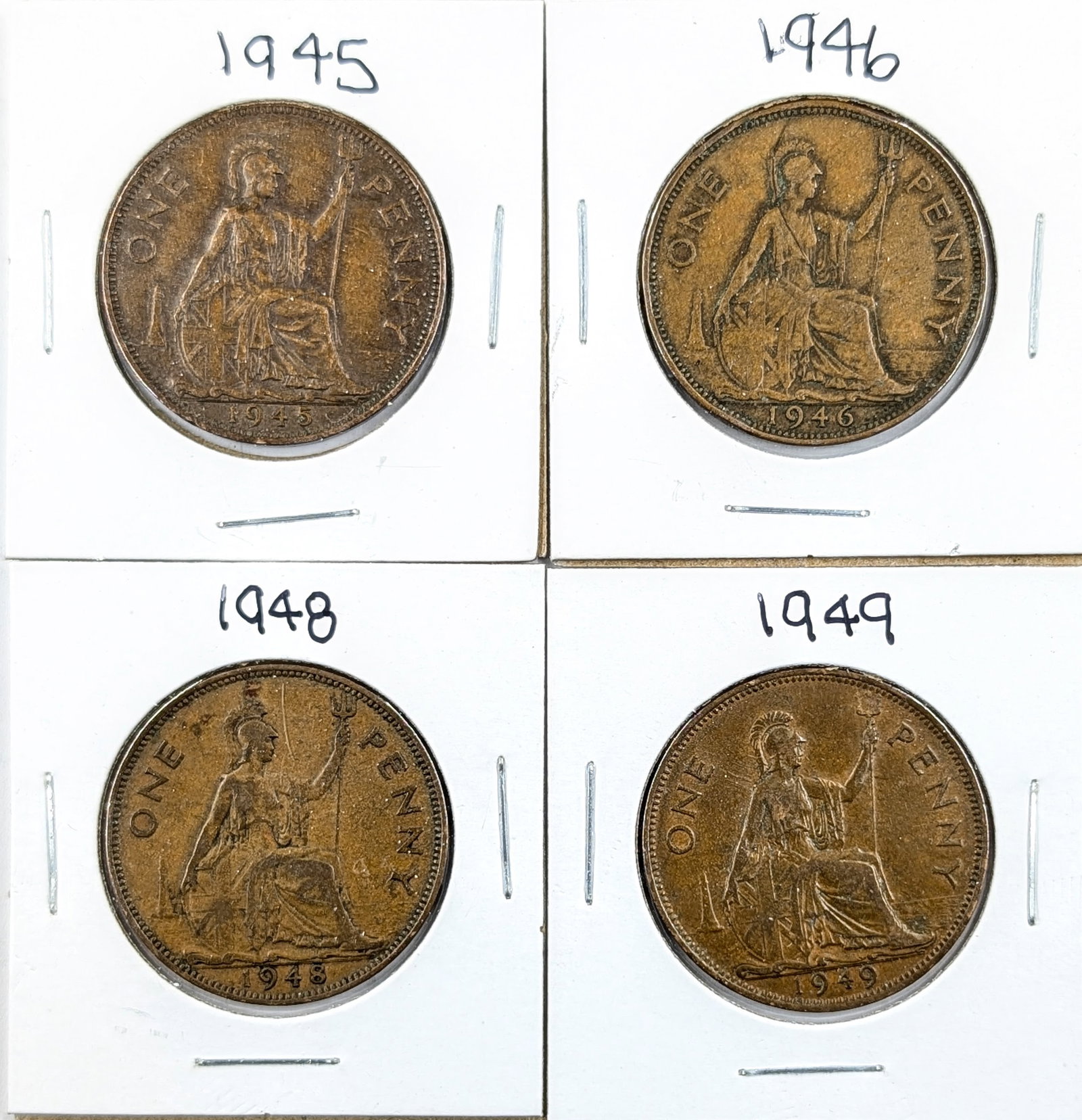 Lot of 4 Great Britain Pennies- 1945-1949: Coin