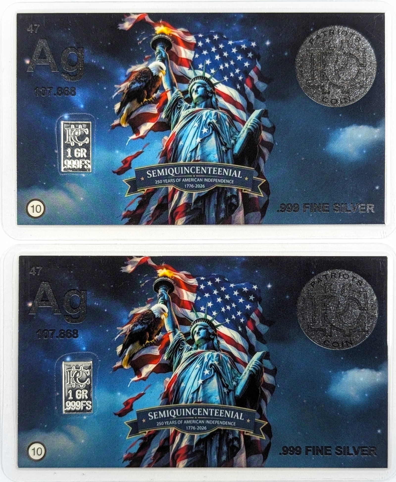 Lot of 2 - 1 Grain (each) .999 Silver Bars - Patriots Coins- Semiquincentennial: Silver