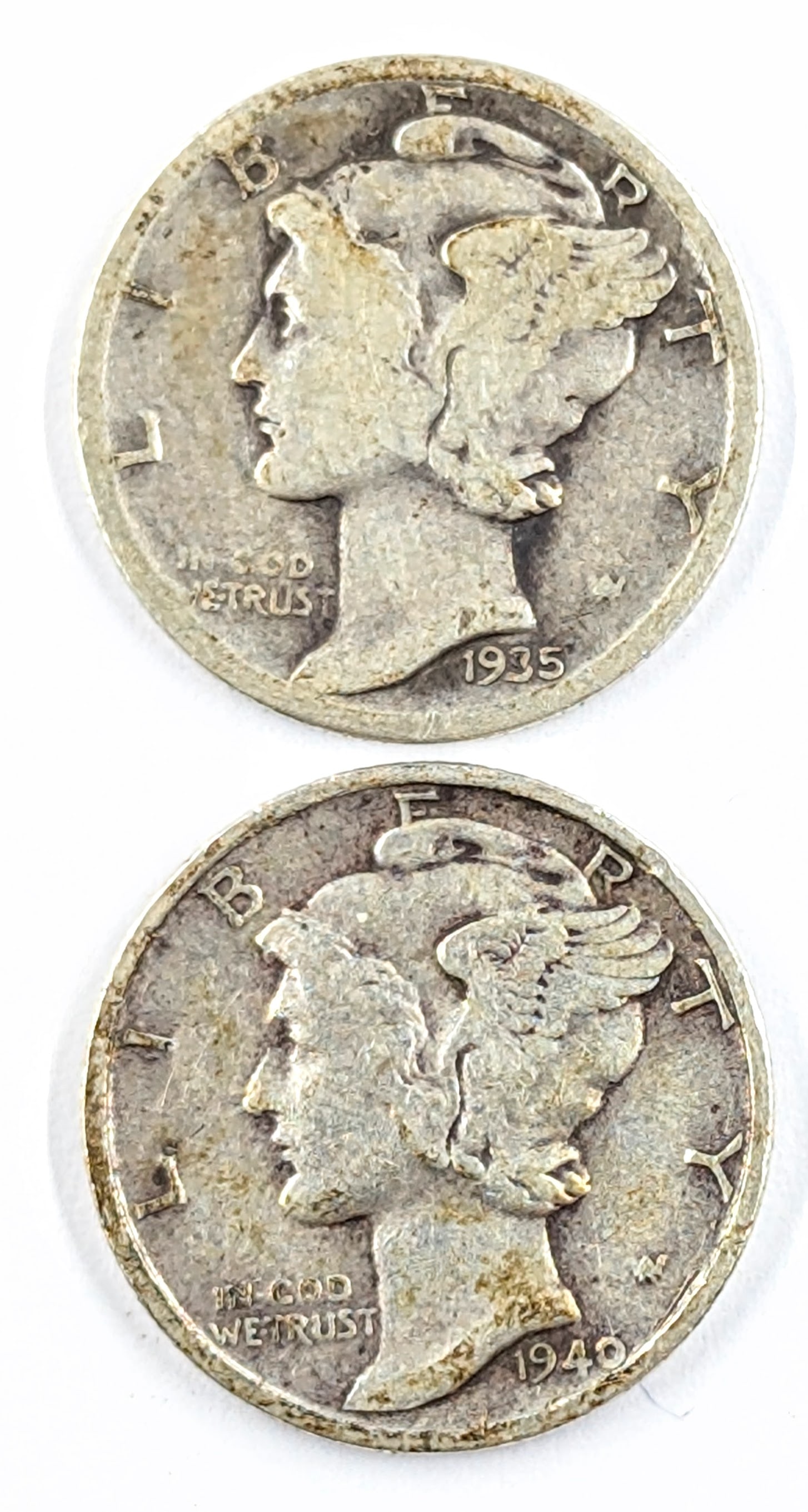Lot of 2 Silver Mercury Dimes-1935-S, 1940-S: Silver