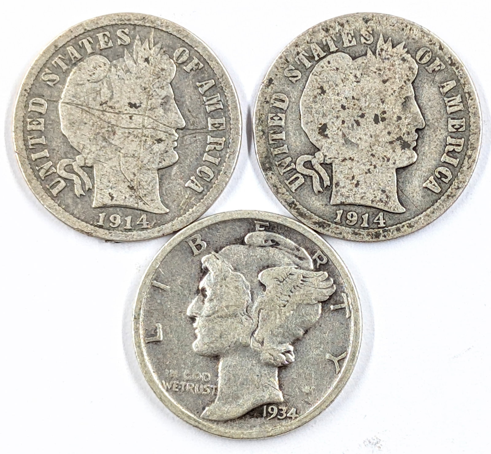 Lot of 3 Silver Dimes- 1914 D/P Barber, 1934 Mercury: Silver