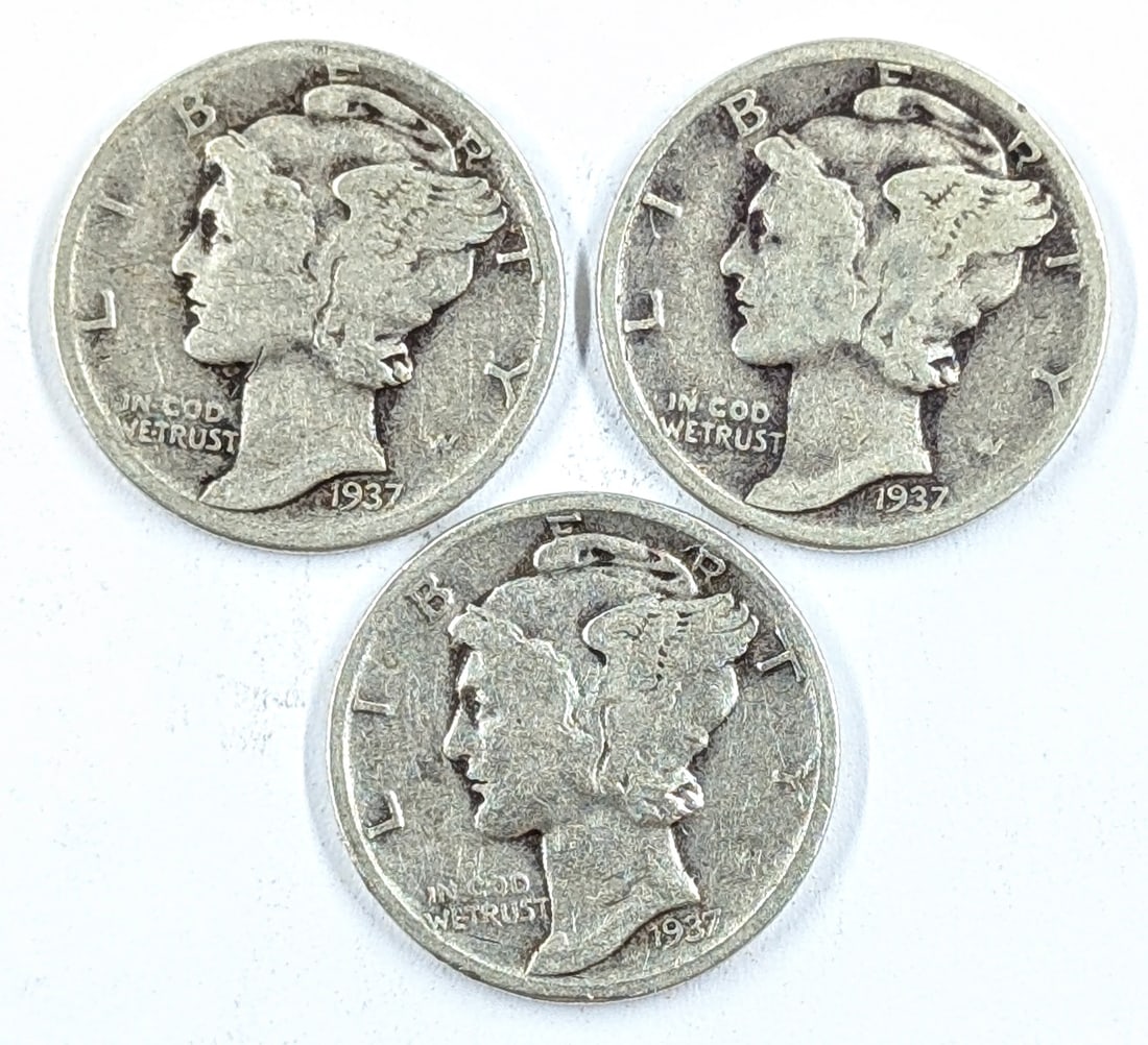 Lot of 3 Silver Mercury Dimes- All 1937: Silver