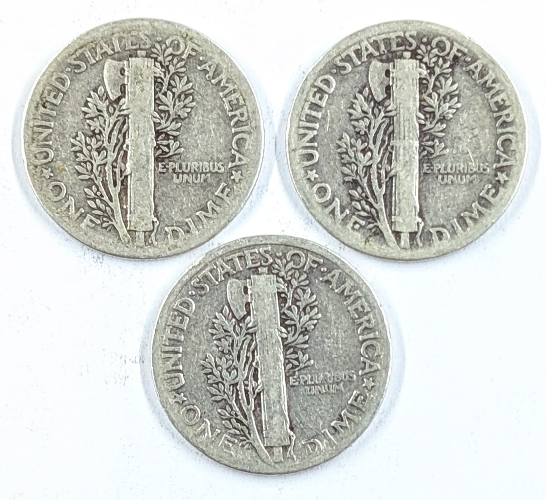 Lot of 3 Silver Mercury Dimes- All 1937 - 2