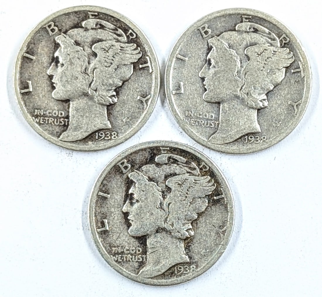 Lot of 3 Silver Mercury Dimes- All 1938: Silver