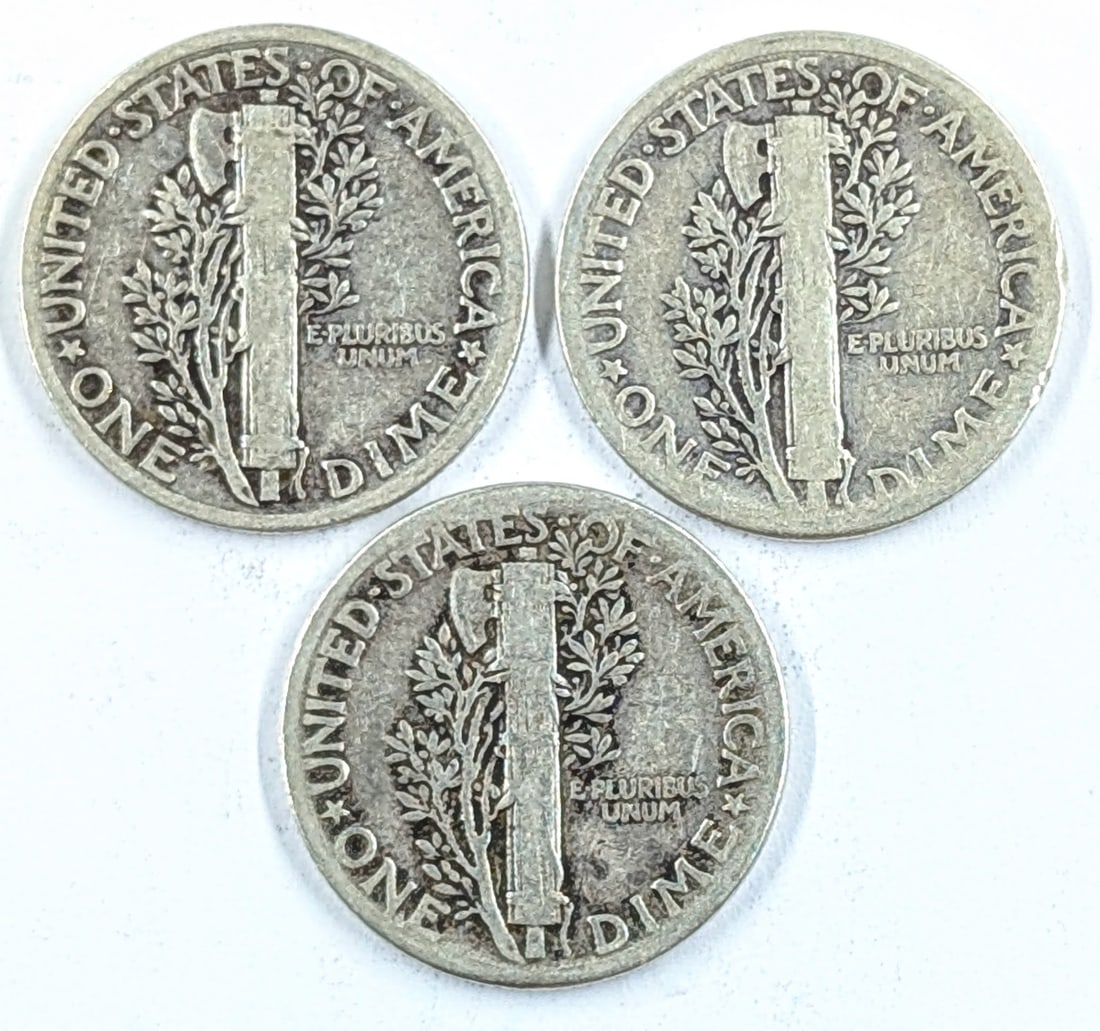 Lot of 3 Silver Mercury Dimes- All 1938 - 2