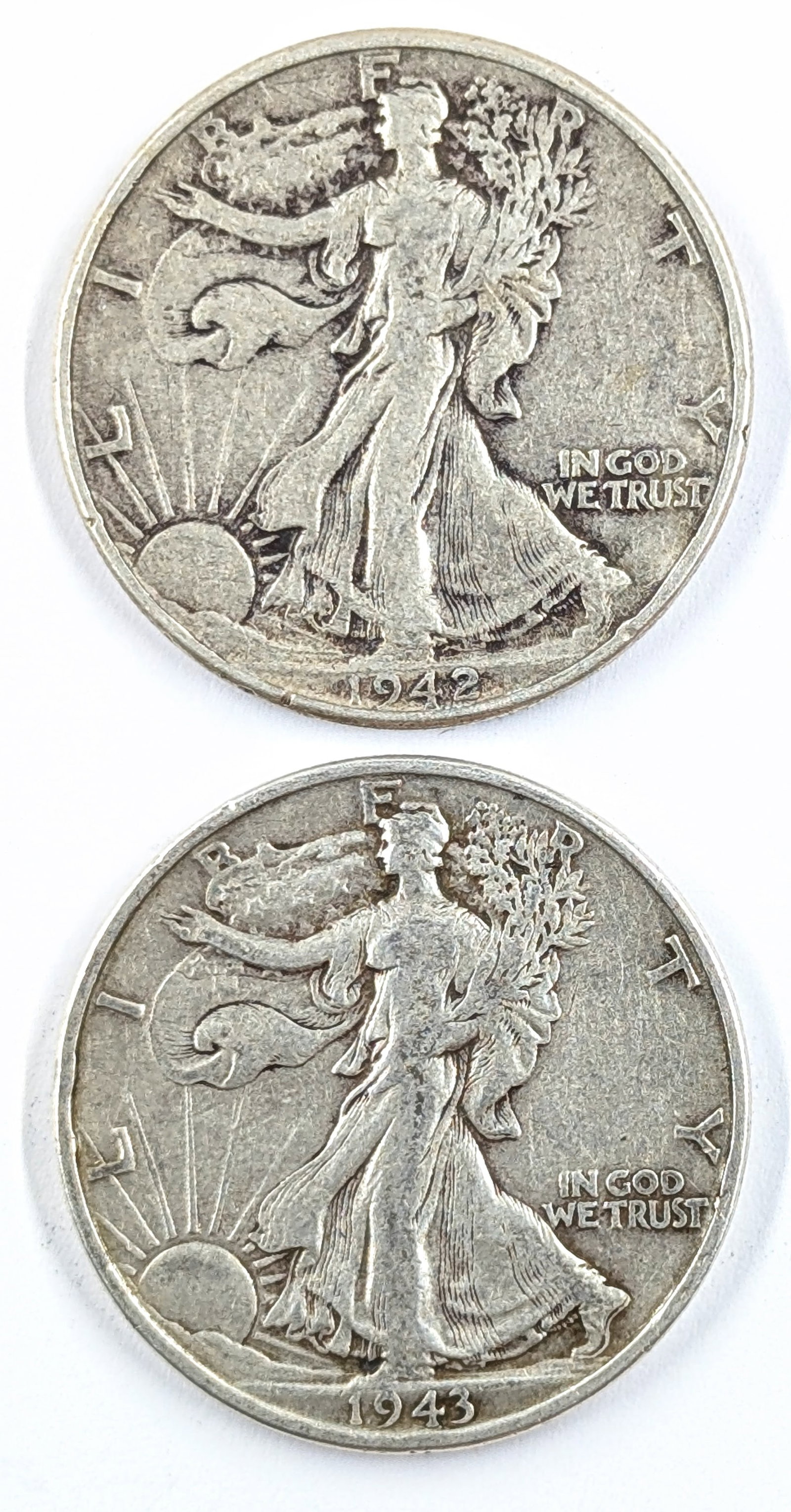 Lot of 2 Silver Walking Liberty Half Dollars- 1942, 1943: Silver