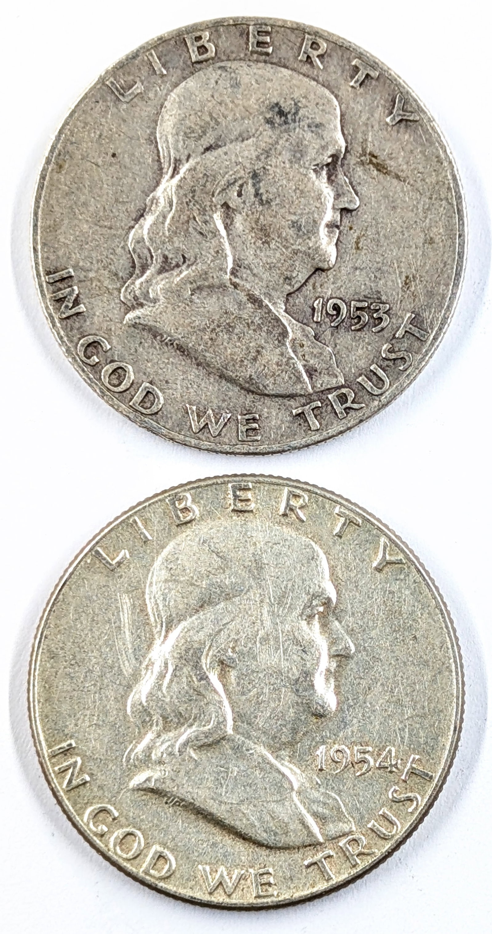 Lot of 2 Silver Franklin Half Dollars- 1953-D, 1954 (1 of 2)