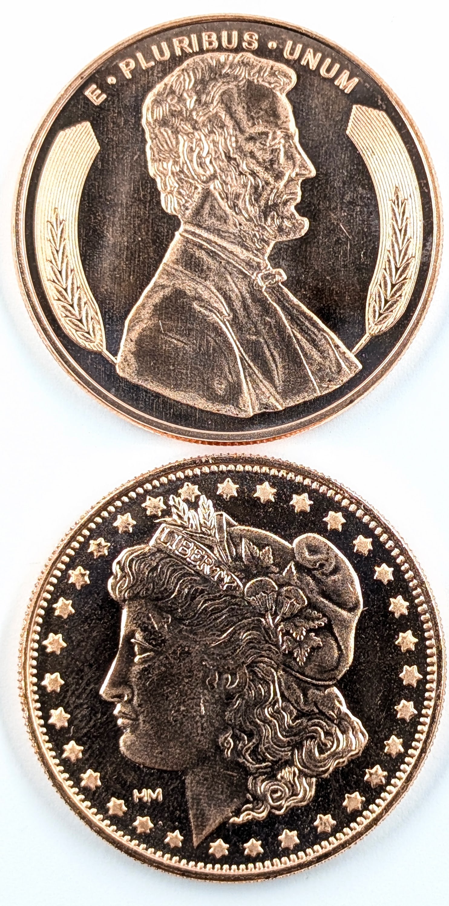 Lot of 2 - 1 Ounce (each) Fine .999 Copper Rounds- Lincoln, Morgan: Copper