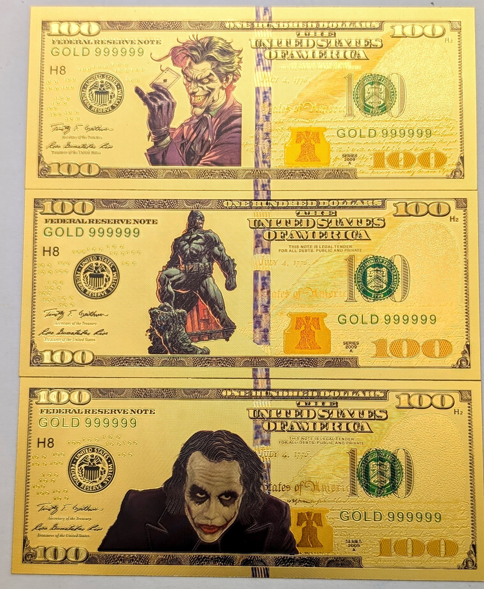 Lot of 3 Batman and Joker Gold foil $100 design: Gold Foil