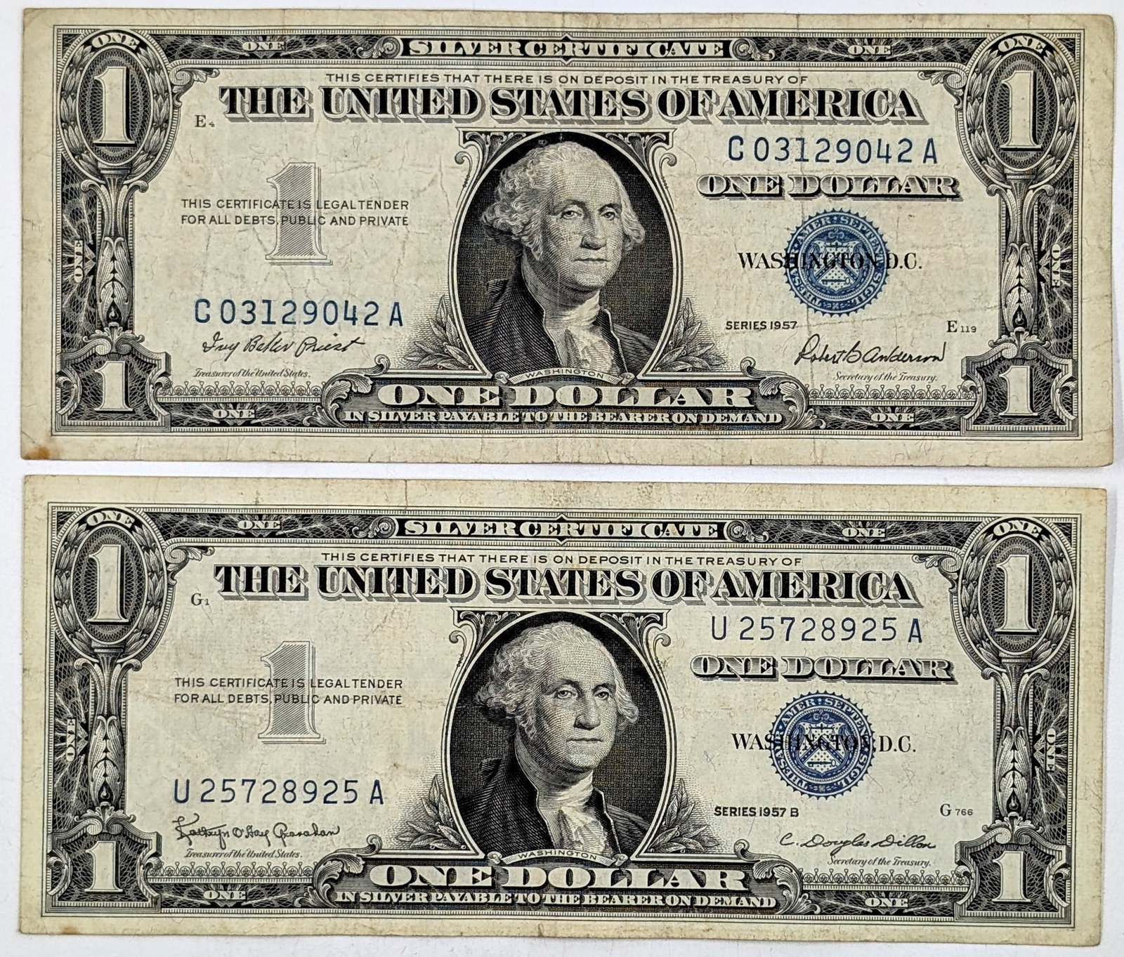Lot of 2- 1957/B $1 Notes - Silver Certificates: Circulated Condition