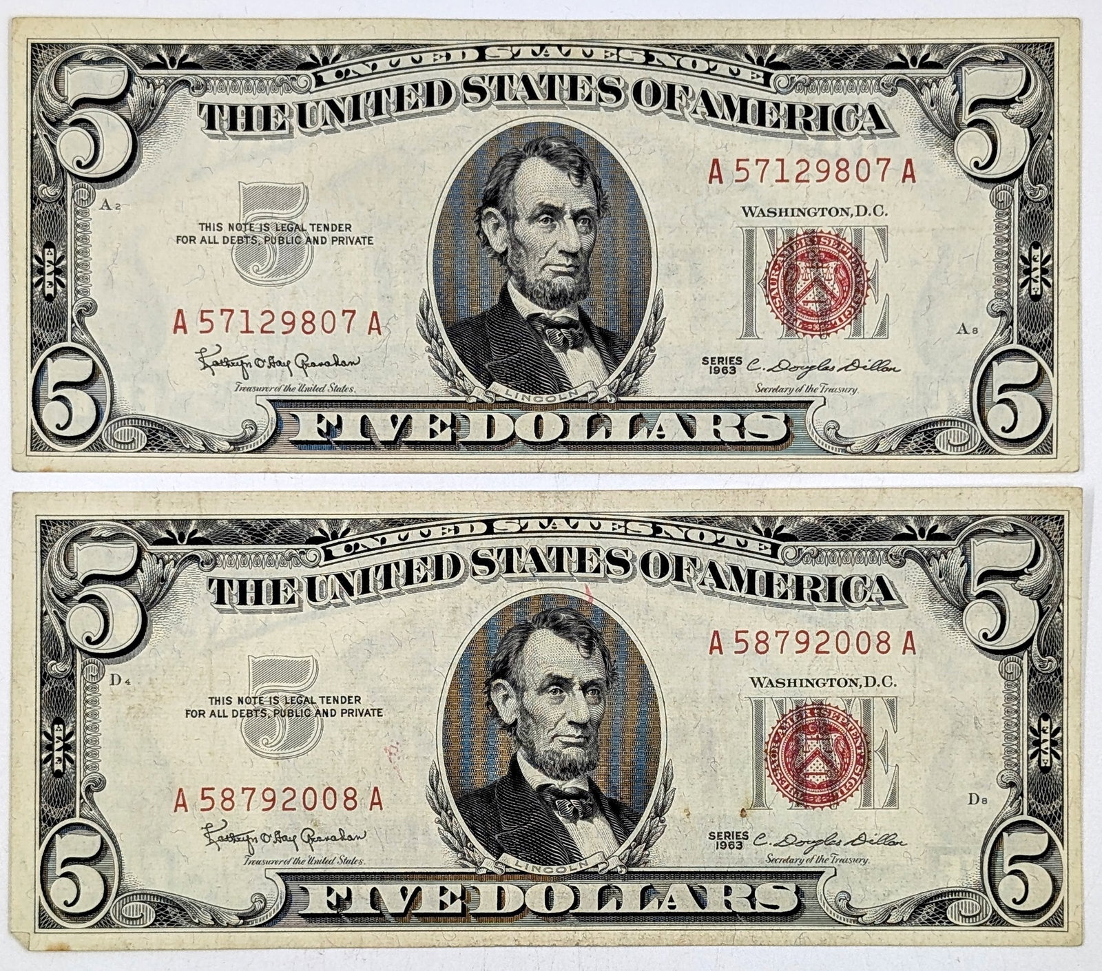 Lot of 2- 1963 $5 Notes - Red Seals: Circulated Condition