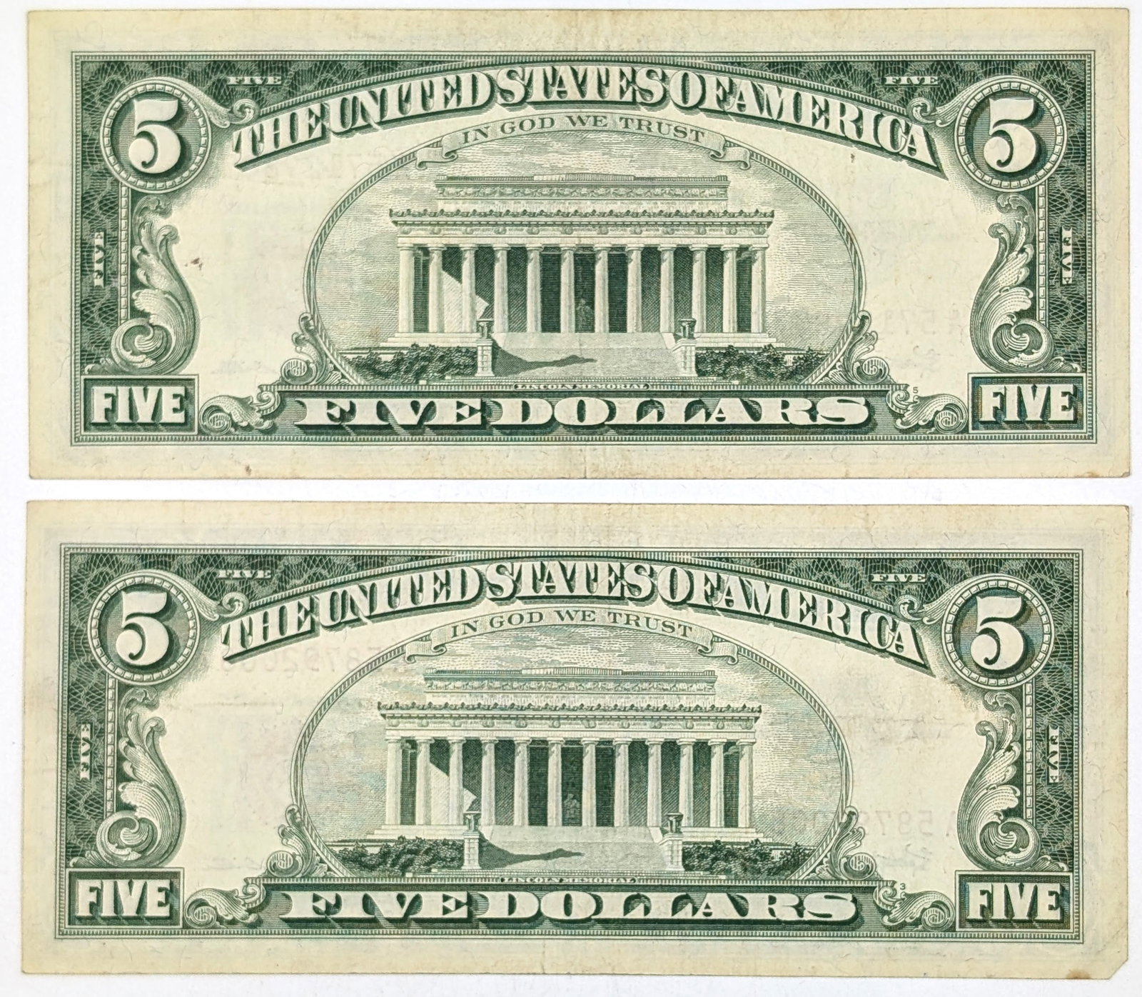 Lot of 2- 1963 $5 Notes - Red Seals - 2