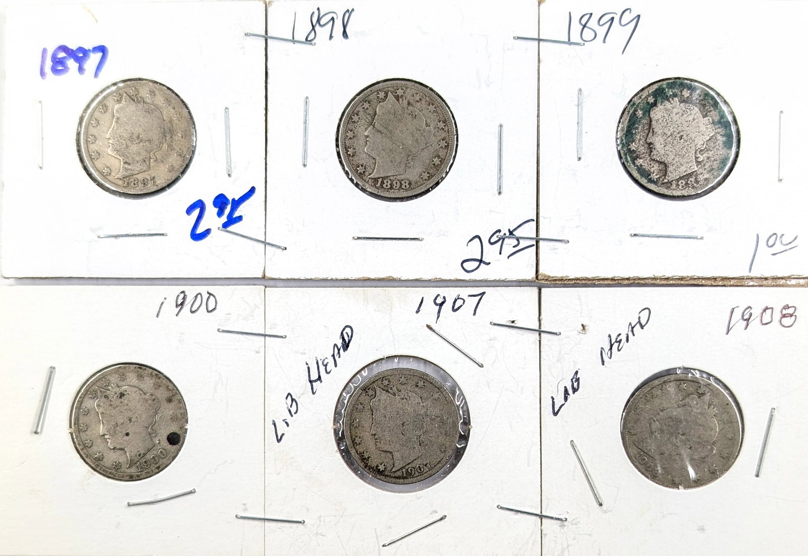 Lot of 6 Liberty V Nickels- 1897-1908: Coin