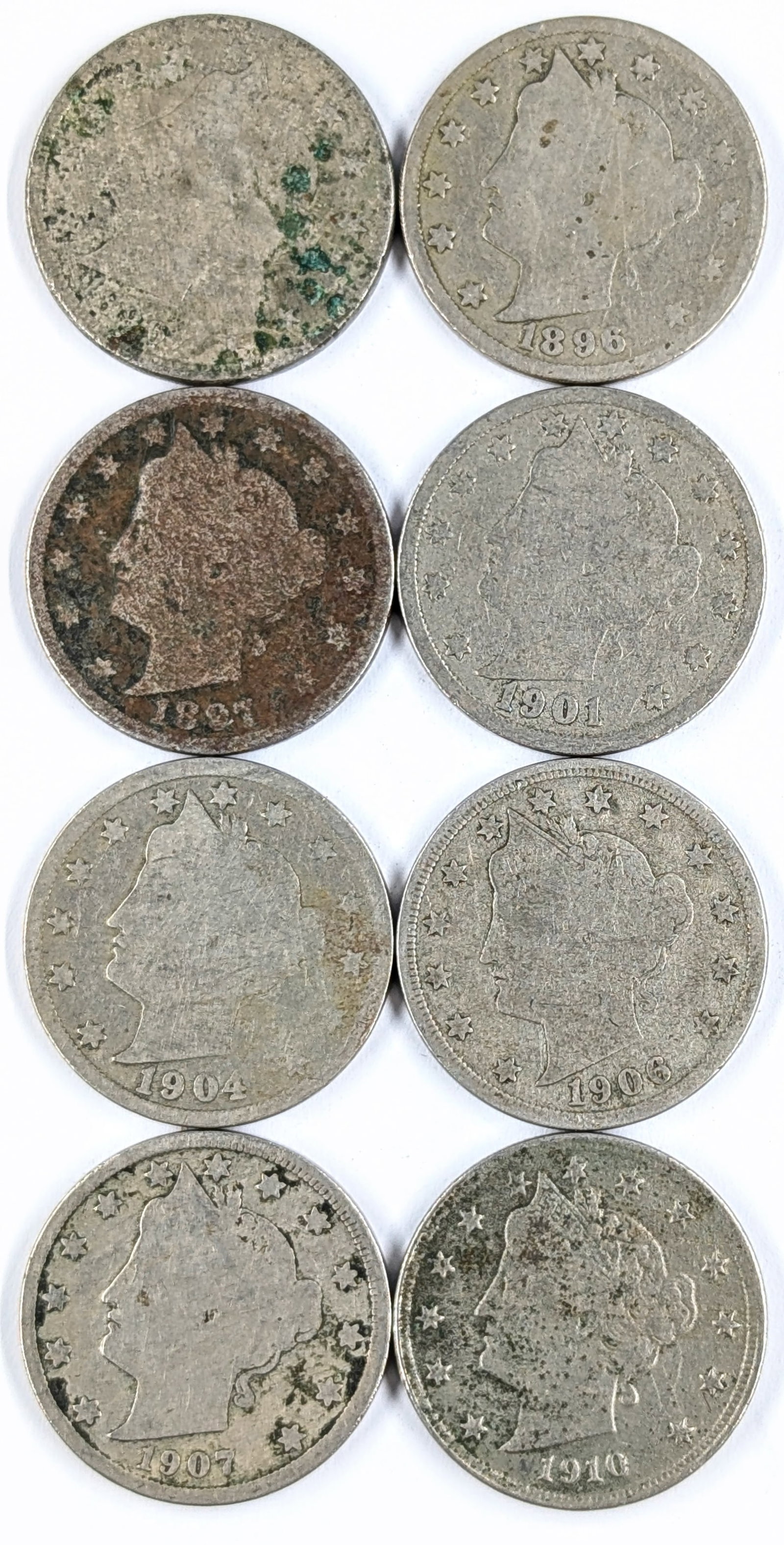 Lot of 8 Liberty V Nickels- 1896-1910: Coin