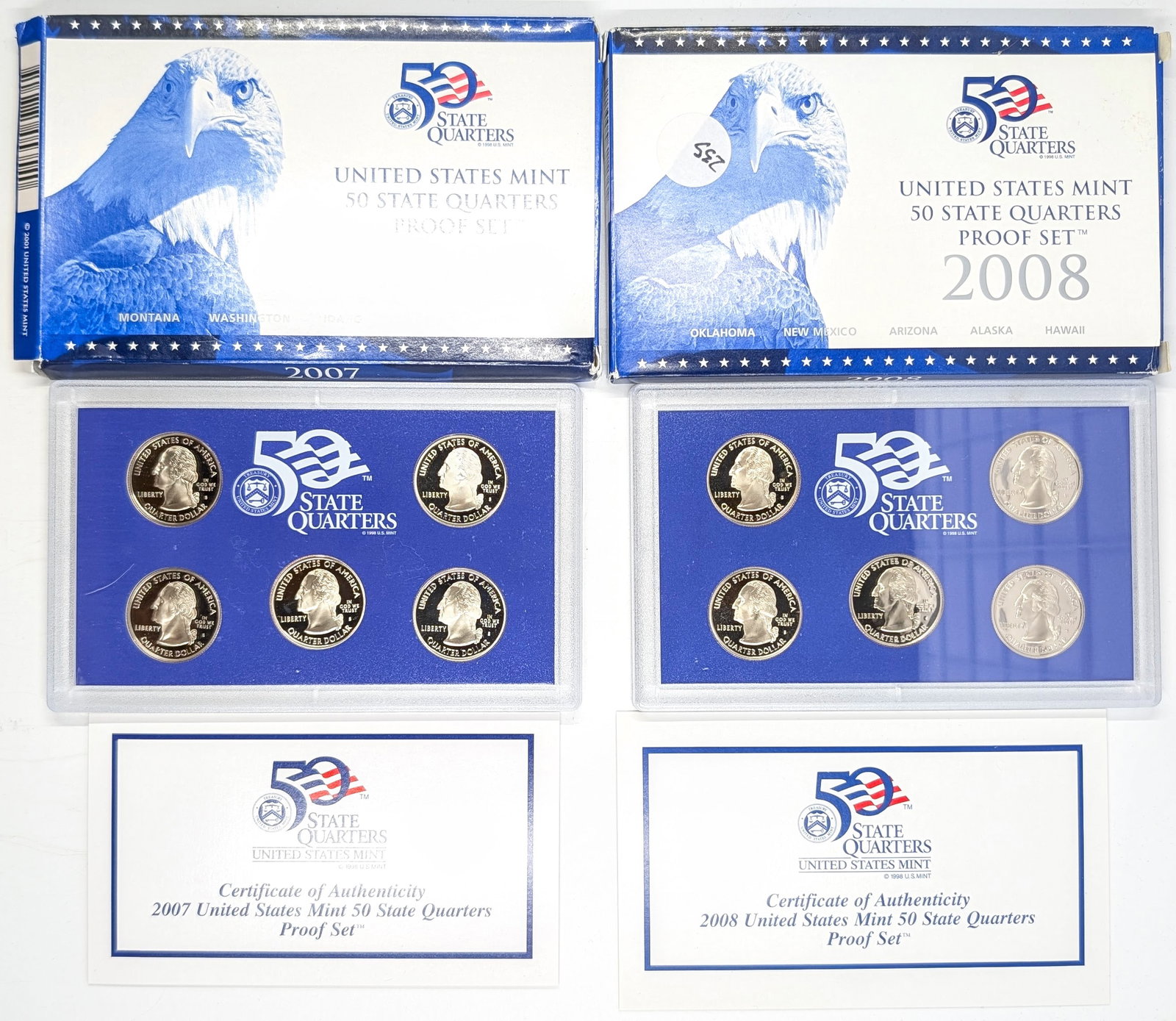 Lot of 2- US Mint 50 State Quarters Proof Set- 2007, 2008 - 2