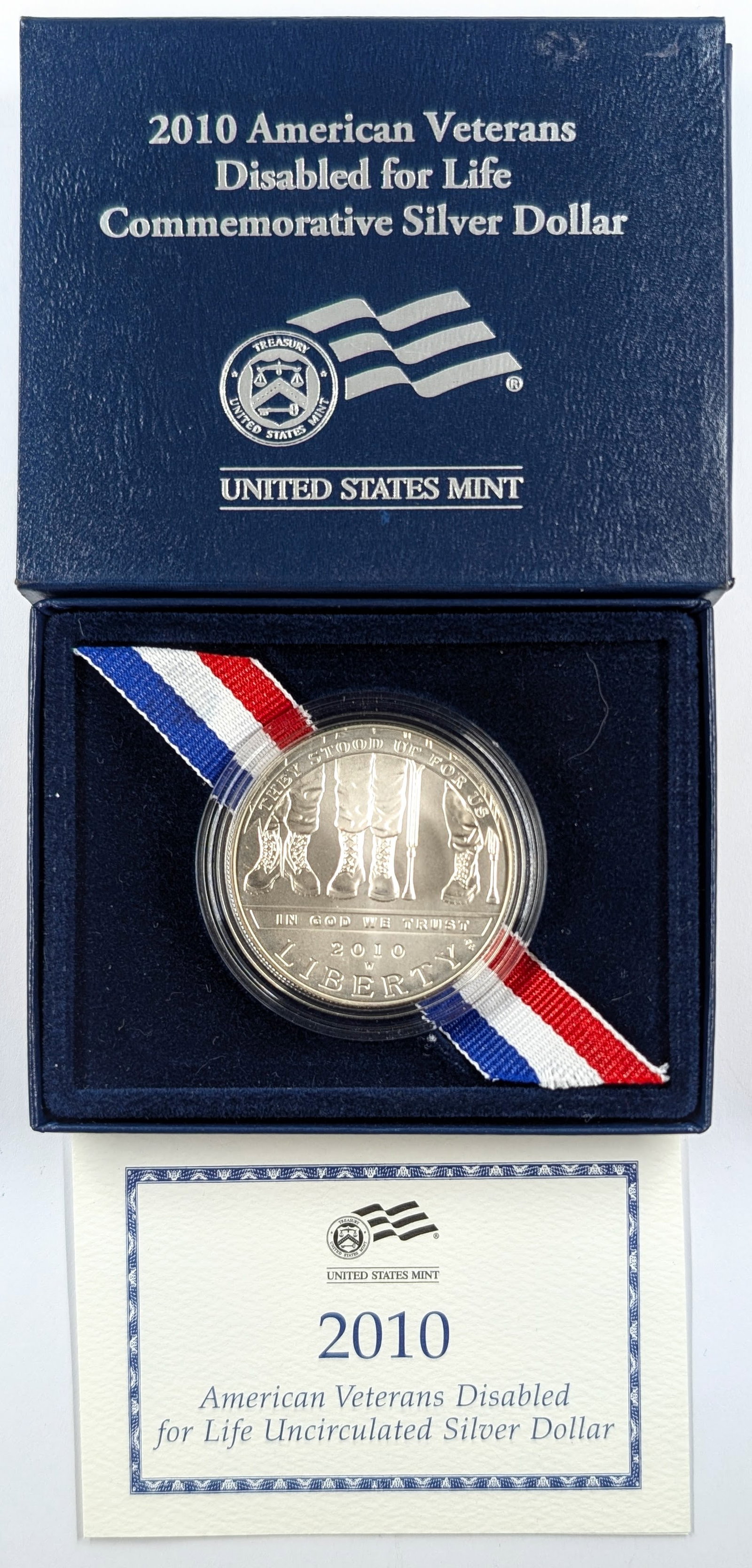 2010 American Veterans Disabled for Life Commemorative Silver Half Dollar: Silver w/ Box & Papers