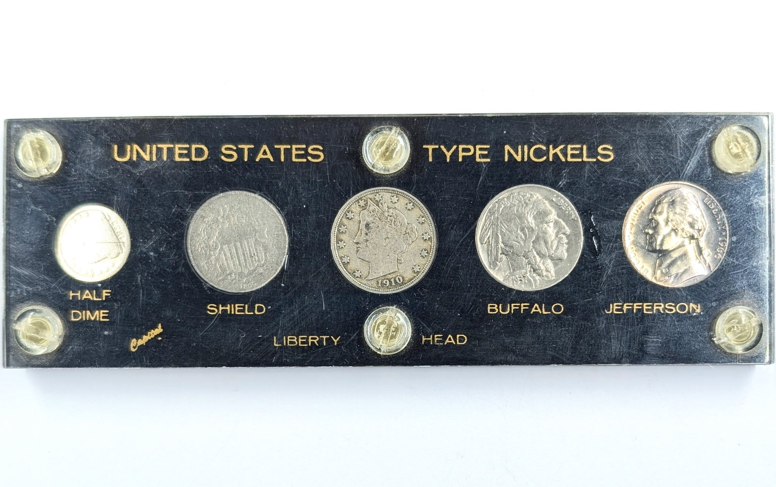 US Type Nickels in Capitol case - Includes 1853 Silver Half Dime w/ Arrows: 1853 Silver Half Dime w/ Arrows 1865 Shield Nickel 1910 Liberty V Nickel 1937 Buffalo Head Nickel 1966 Jefferson Nickel