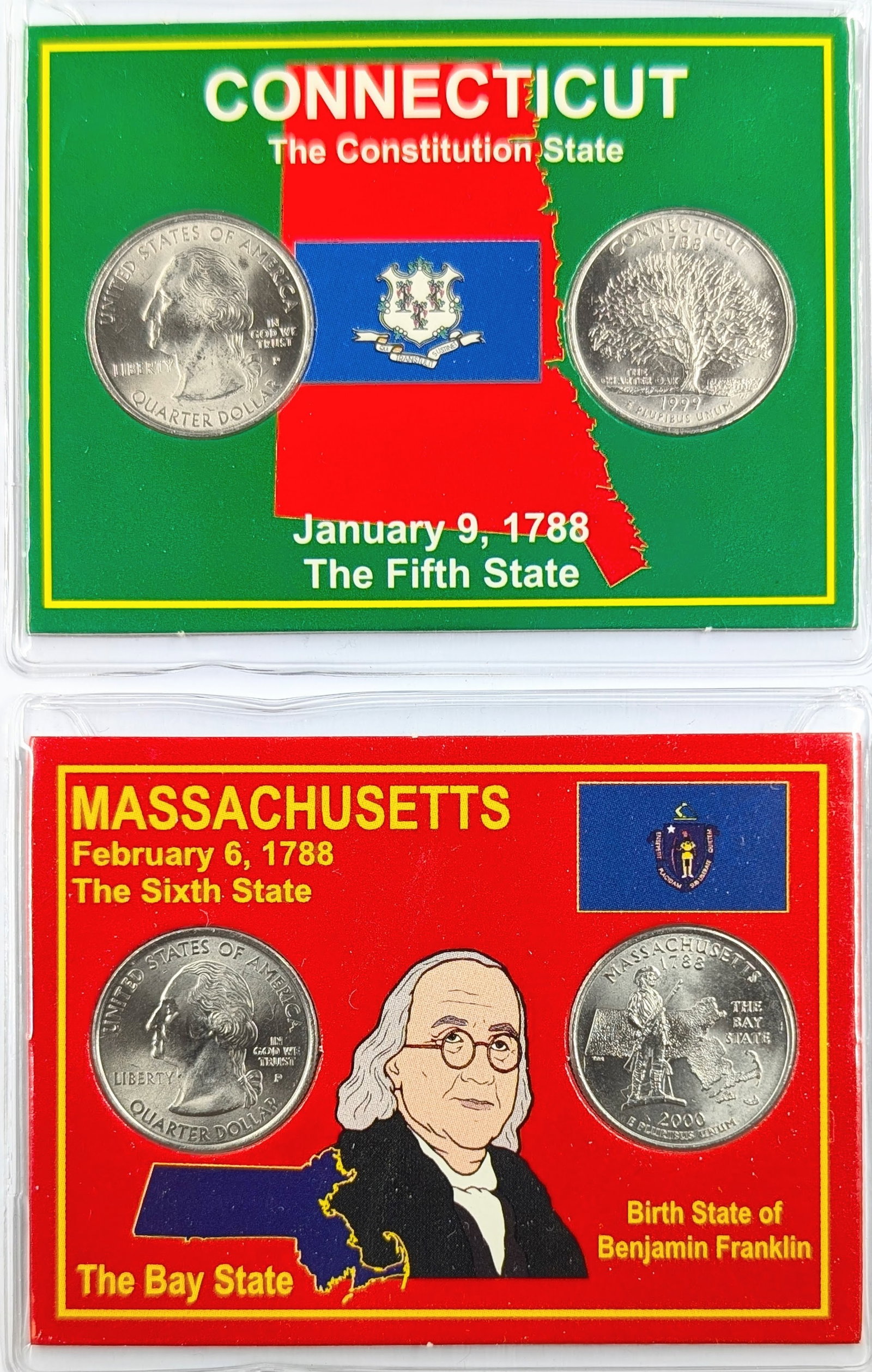 Lot of 2 State Quarter Sets- 1999 P/D Connecticut & 2000 P/D Massachusetts: Coin
