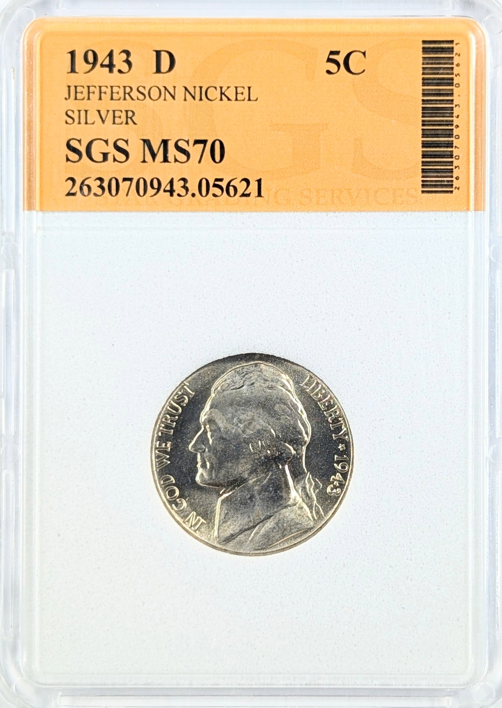 SGS 1943-D MS70 Silver Jefferson Nickel: Silver
