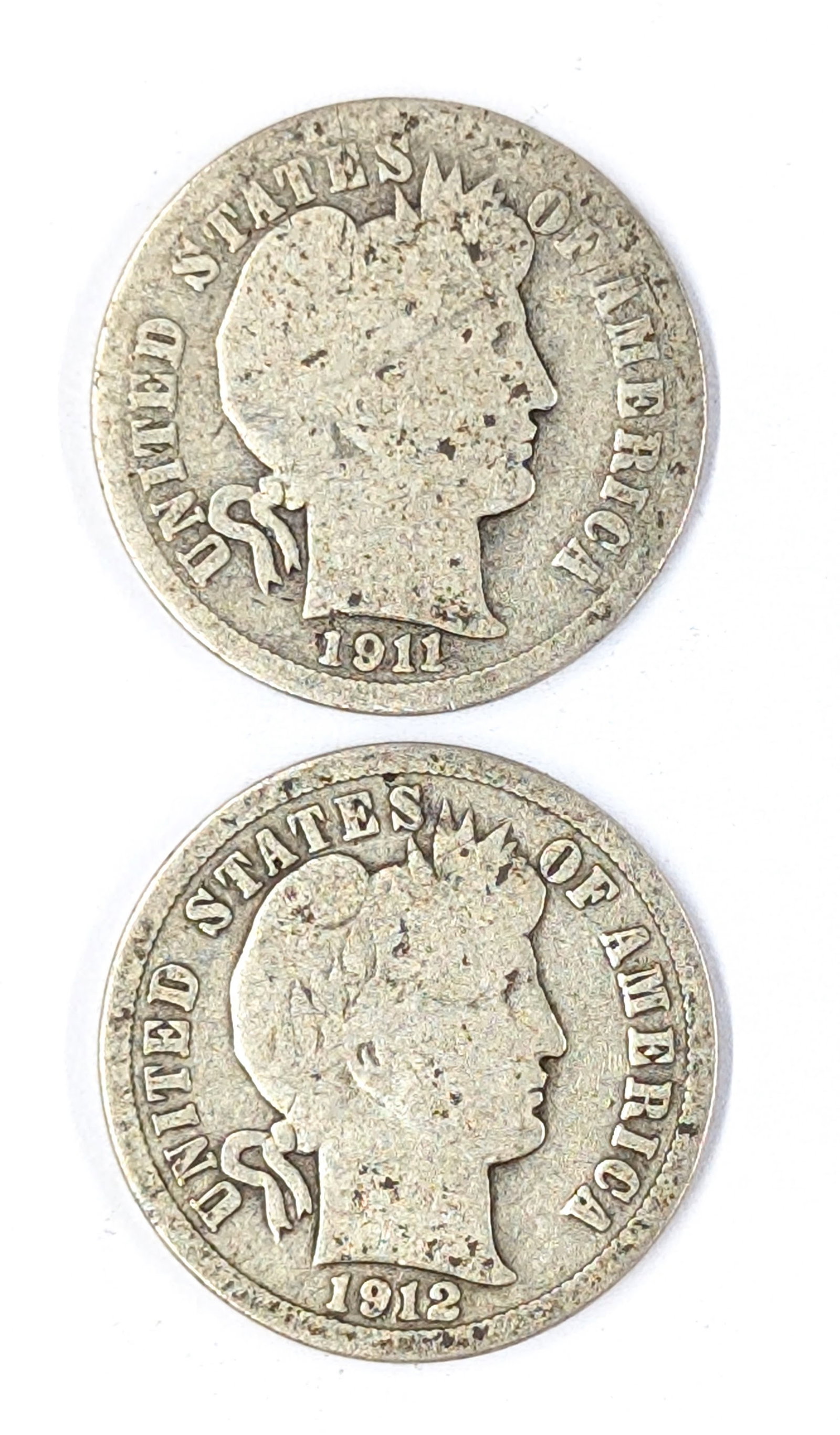 Lot of 2 Silver Barber Dimes - 1911-D, 1912-D: Silver