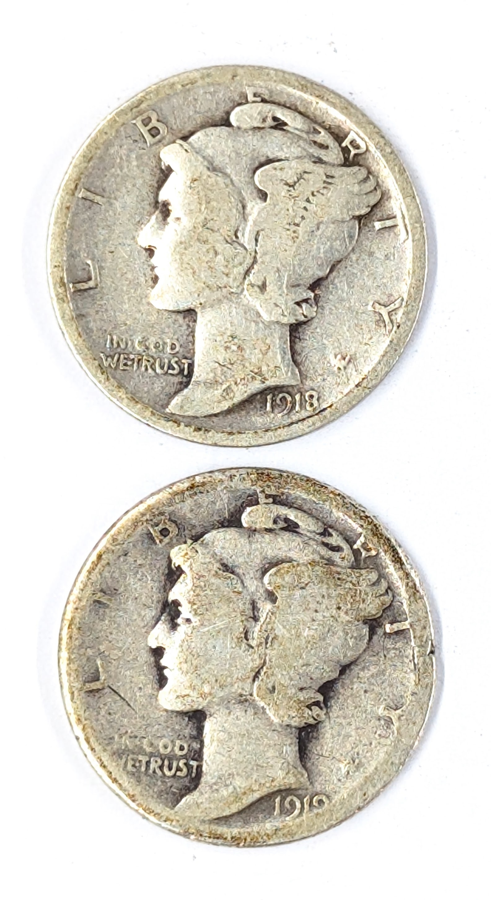 Lot of 2 Silver Mercury Dimes - 1918, 1919-D: Silver