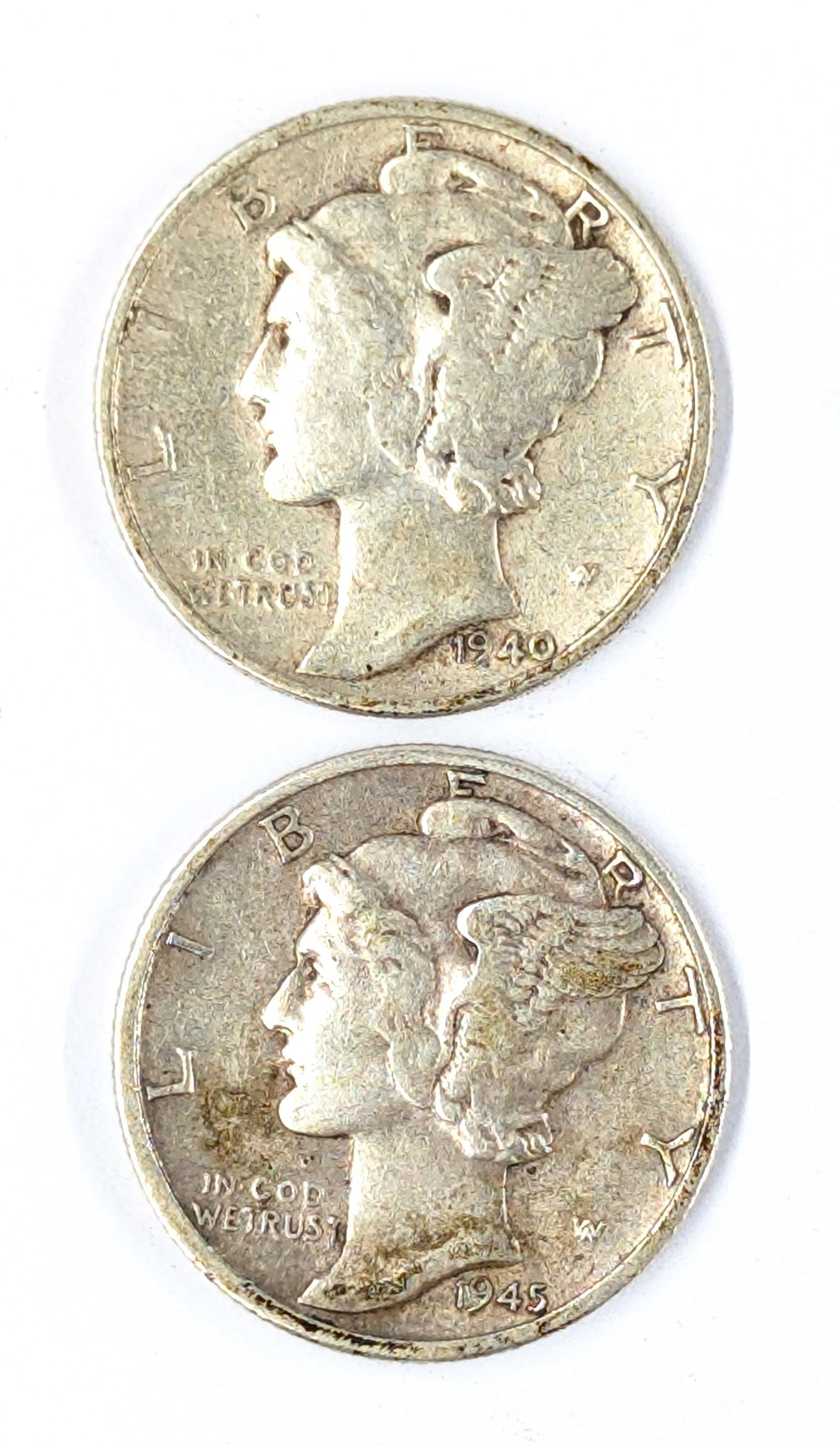 Lot of 2 Silver Mercury Dimes - 1940, 1945-D: Silver