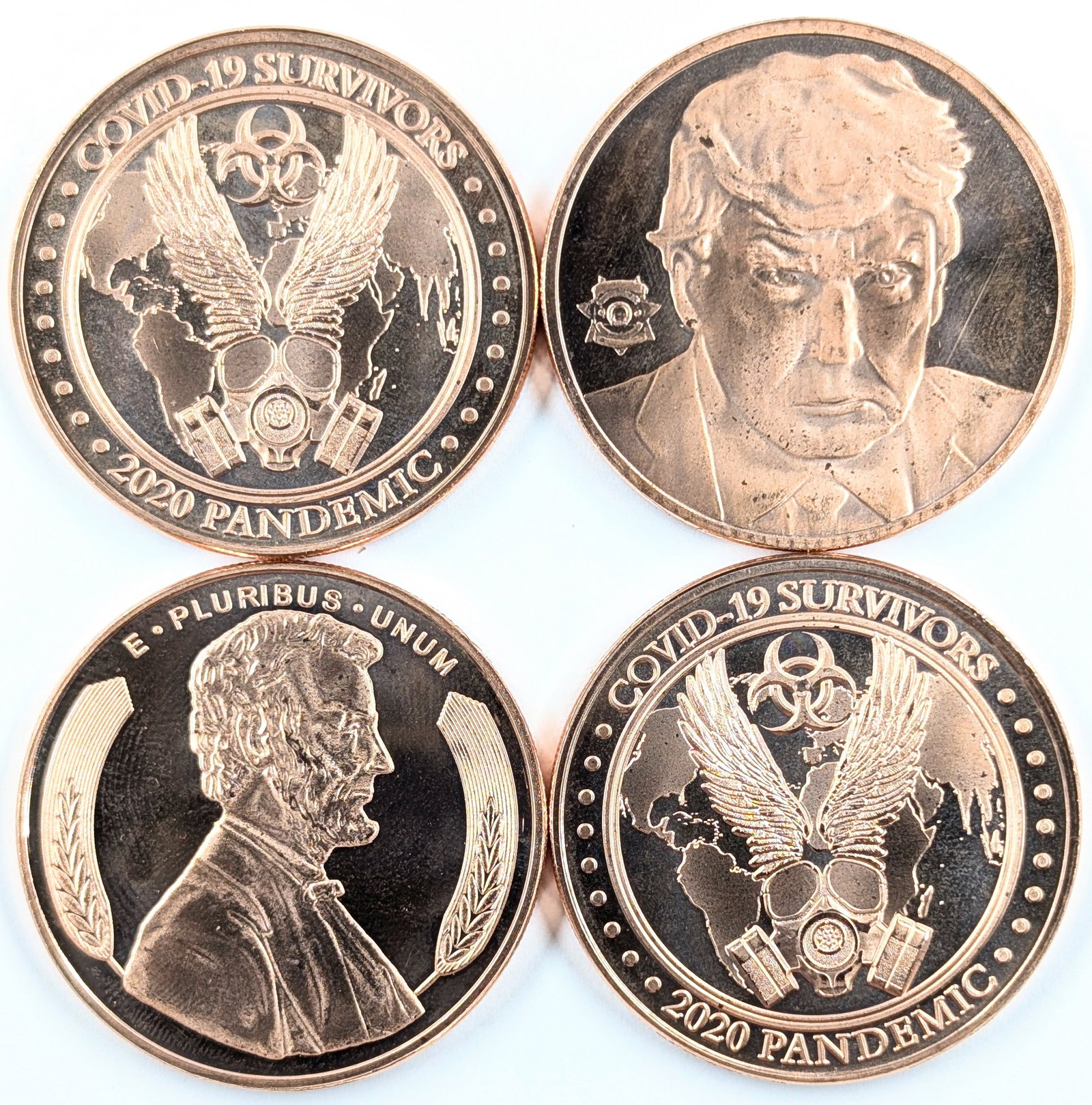 Lot of 4 - 1 Ounce (each) Fine .999 Copper Rounds - Trump, Lincoln, Covid (2): Copper