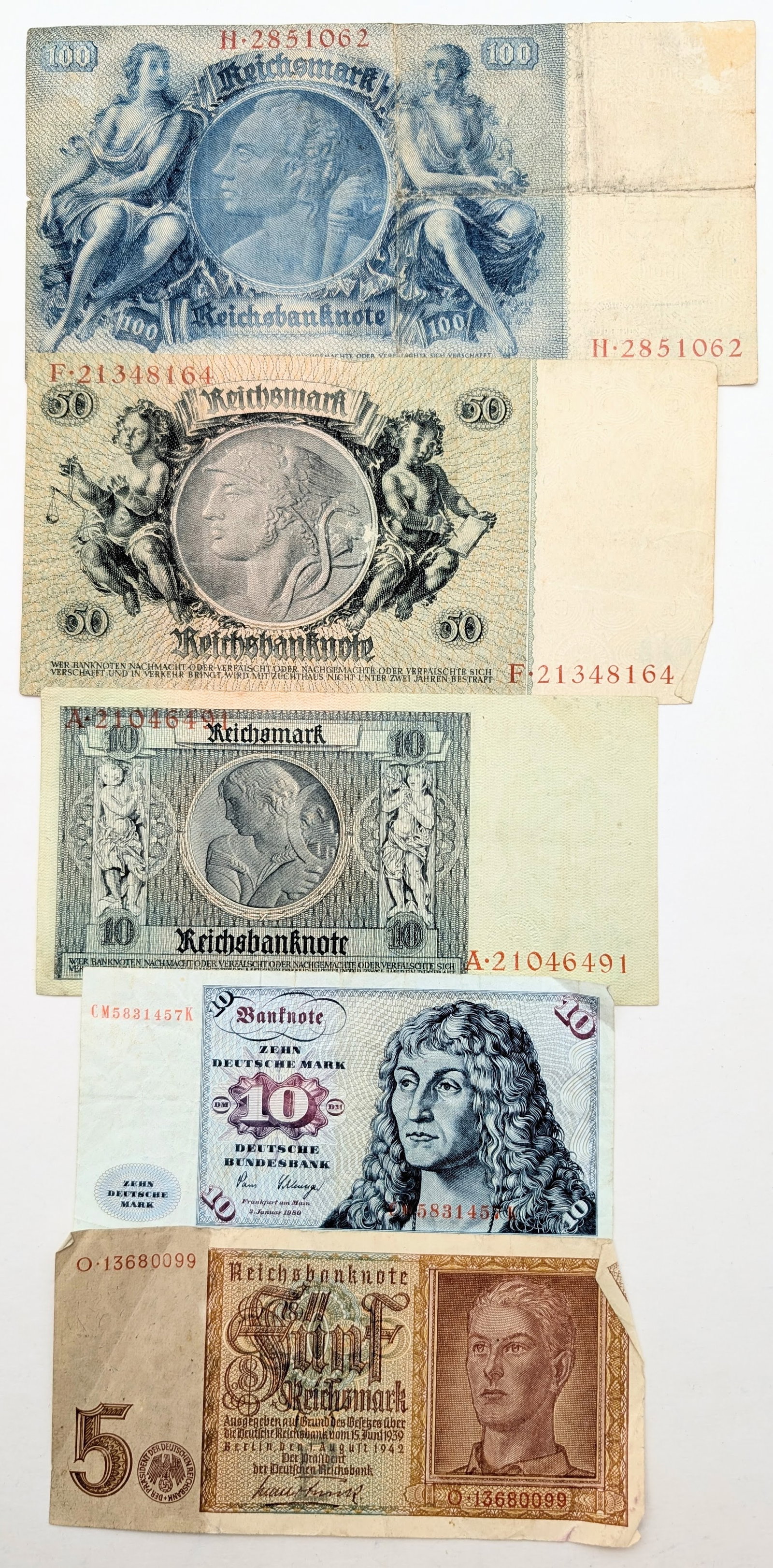 Lot of 5 German Notes - Reichsmarks - 1924-1980: Heavily Circulated Condition