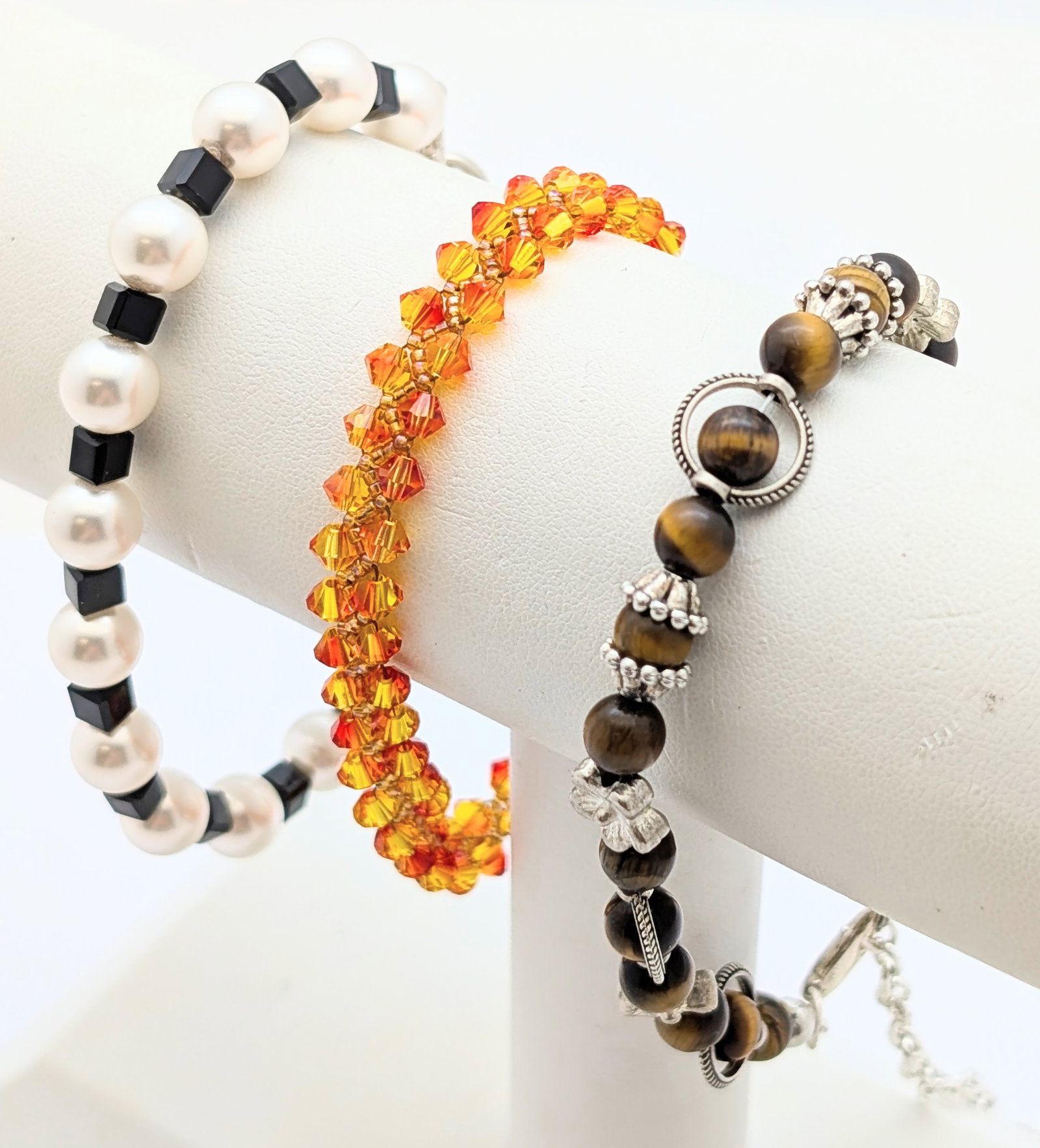Lot of 3 Beaded Ladies Bracelets - Brown, Orange, Black & White: Jewelry