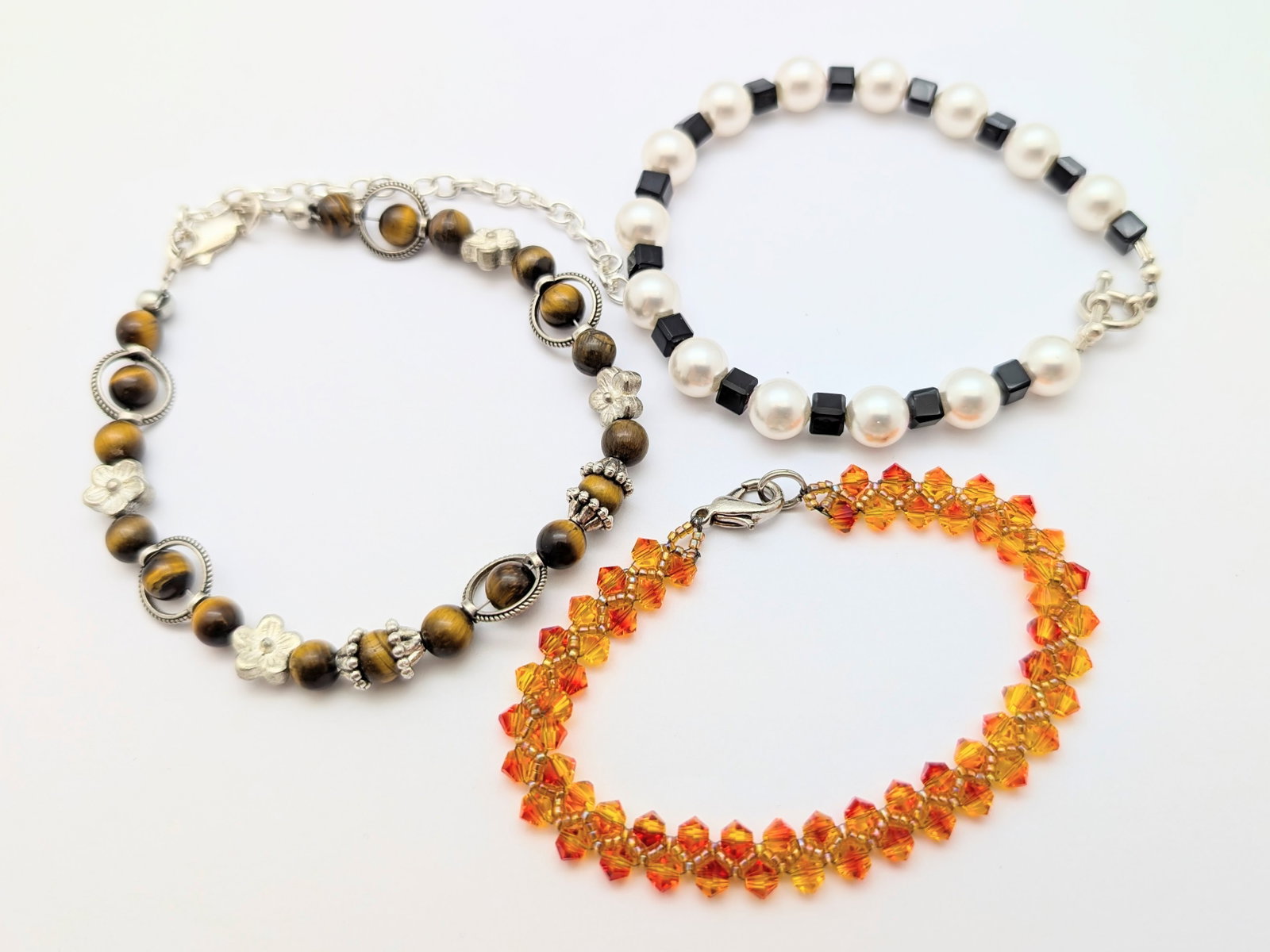 Lot of 3 Beaded Ladies Bracelets - Brown, Orange, Black & White - 2