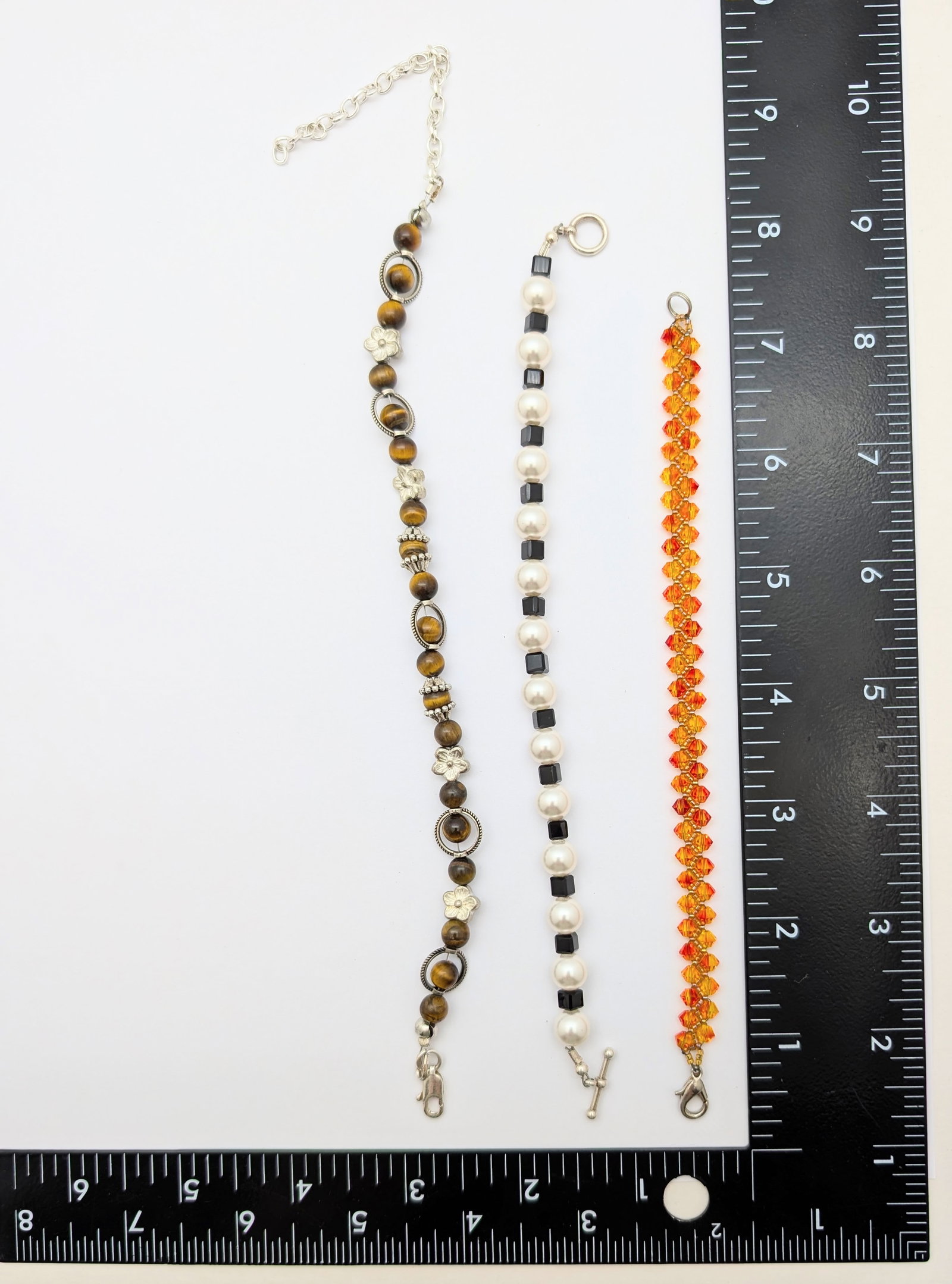 Lot of 3 Beaded Ladies Bracelets - Brown, Orange, Black & White - 6