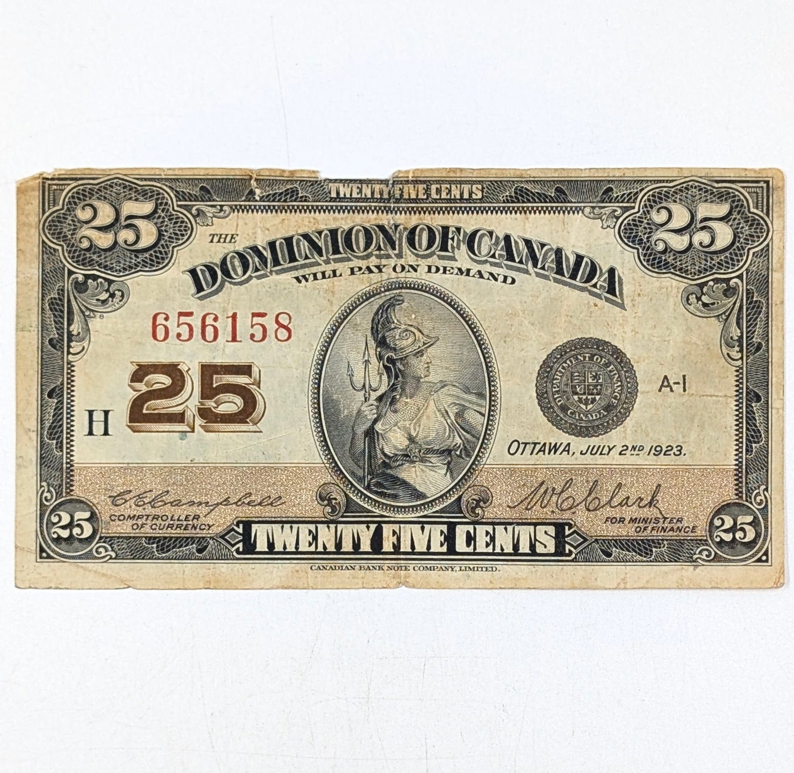 1923 Dominion of Canada 25 Cents Note: Heavily Circulated Condition