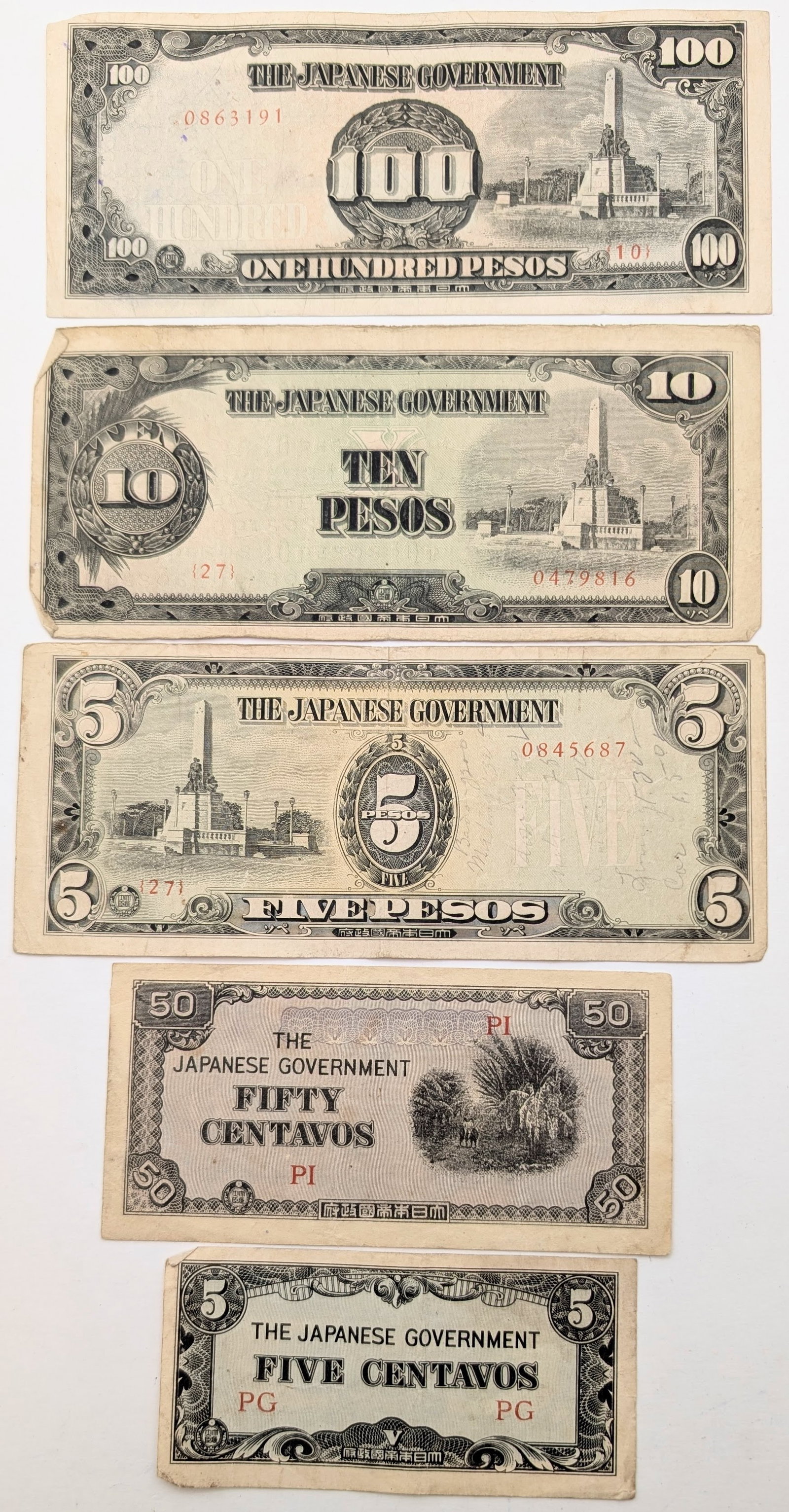 Lot of 5 Japanese Notes - $100, $10, $50, 50c, 5c: Circulated Condition
