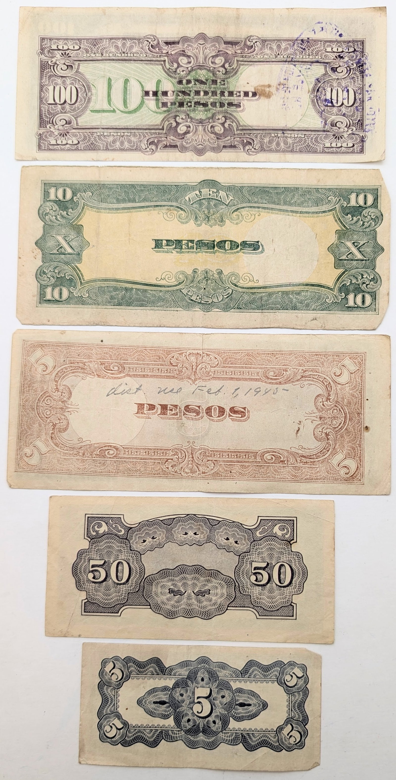Lot of 5 Japanese Notes - $100, $10, $50, 50c, 5c - 2