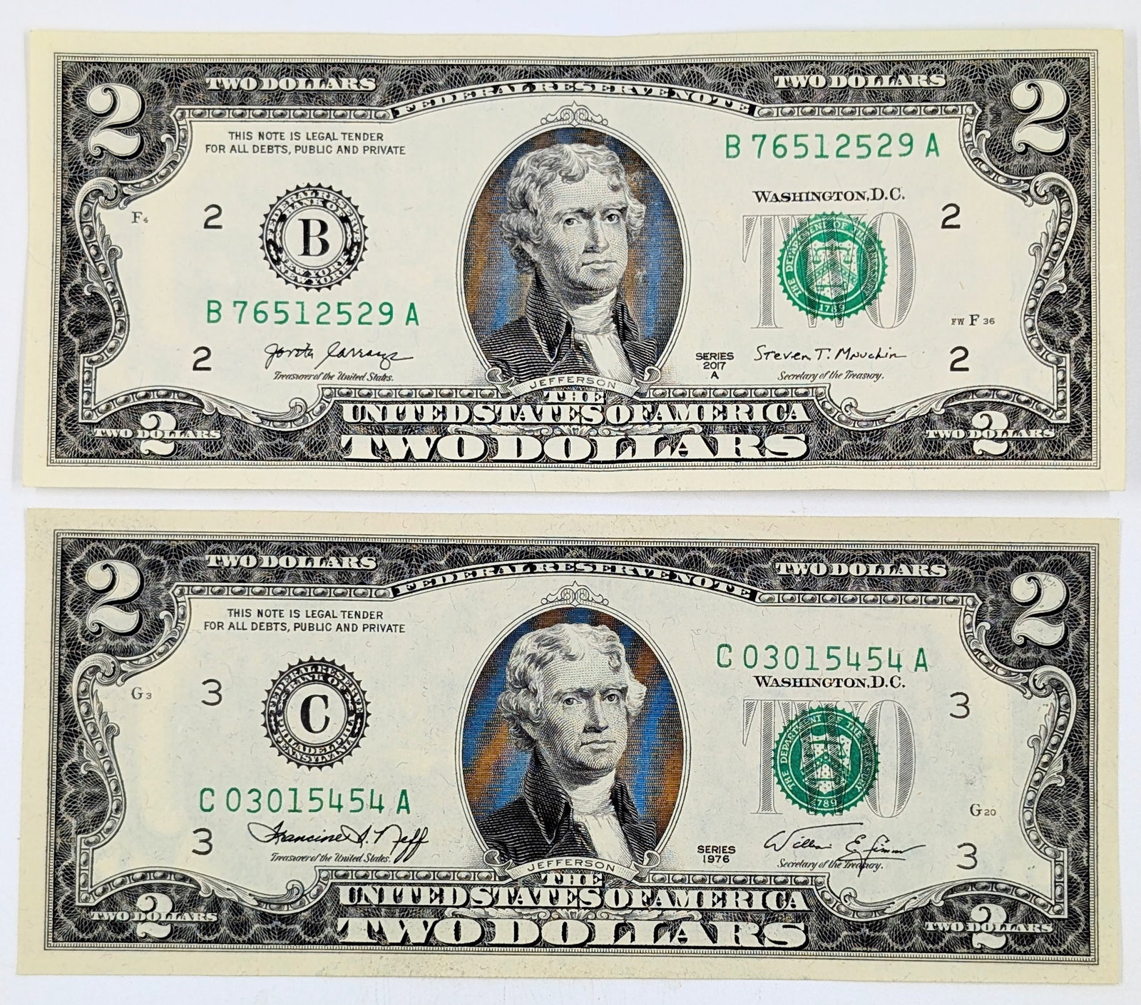Lot of 2 Uncirculated $2 Notes - Green Seals - 1976 & 2017-A: Uncirculated