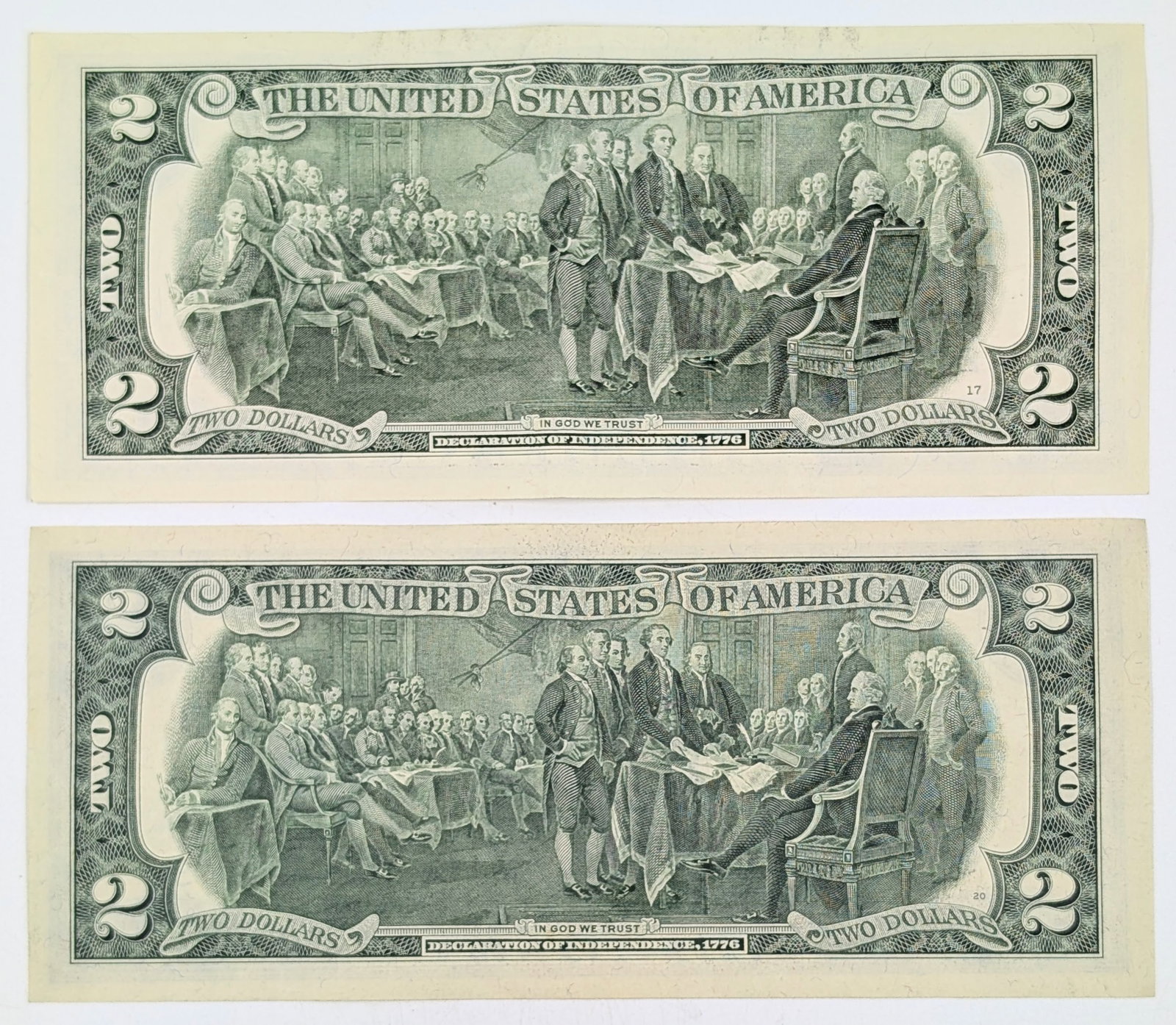 Lot of 2 Uncirculated $2 Notes - Green Seals - 1976 & 2017-A - 2