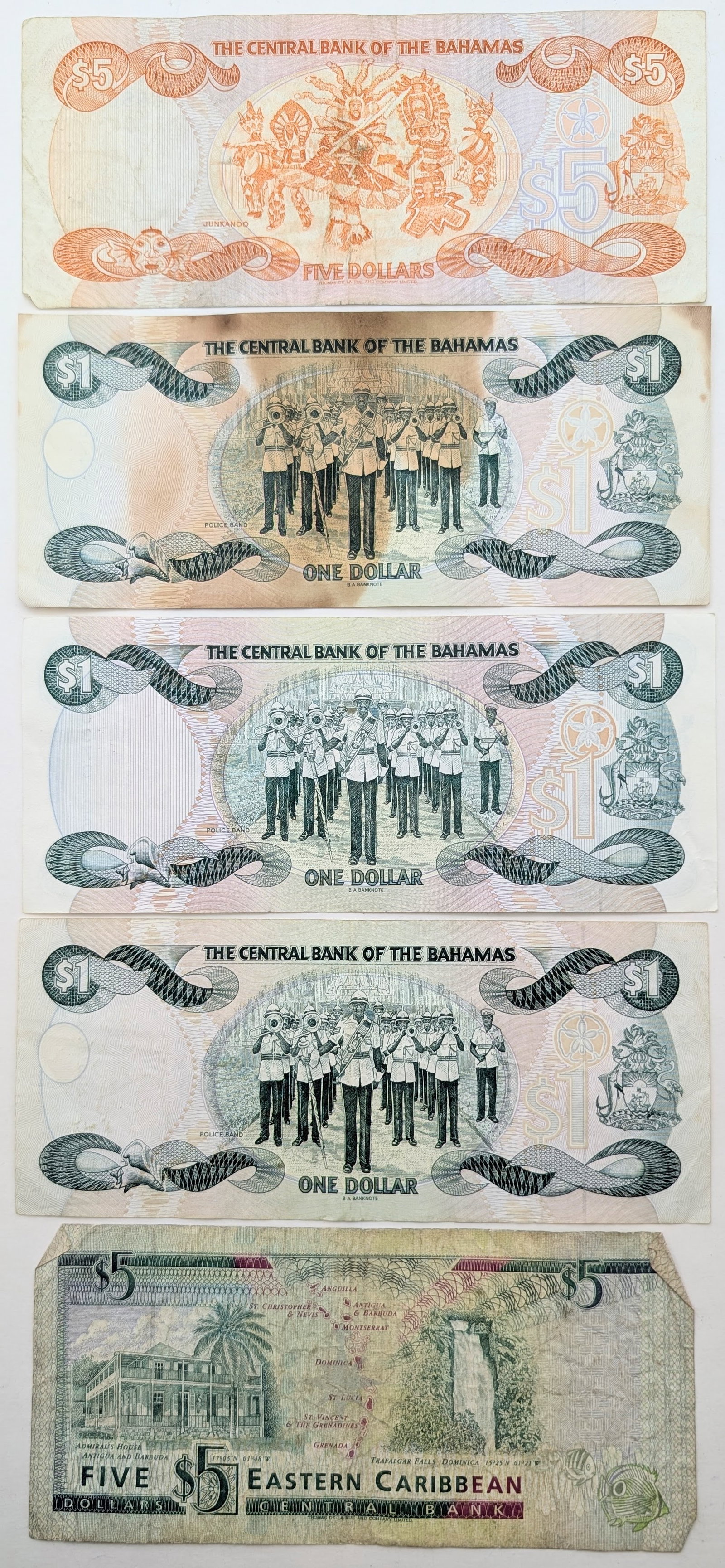 Lot of 5 Bahamas & Eastern Caribbean Notes - $1 & $5 - 2