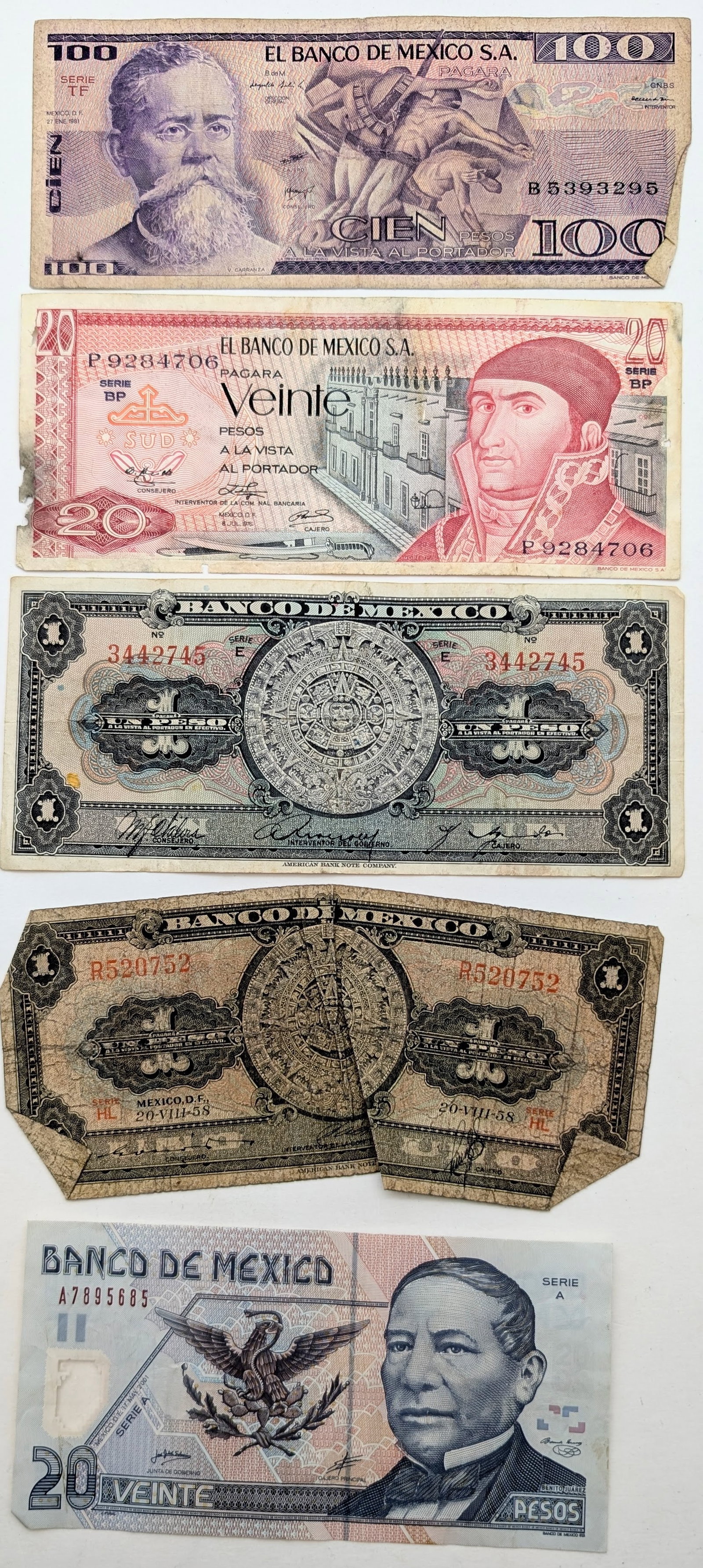 Lot of 5 Mexican Notes - 1976-2001 (1 of 2)