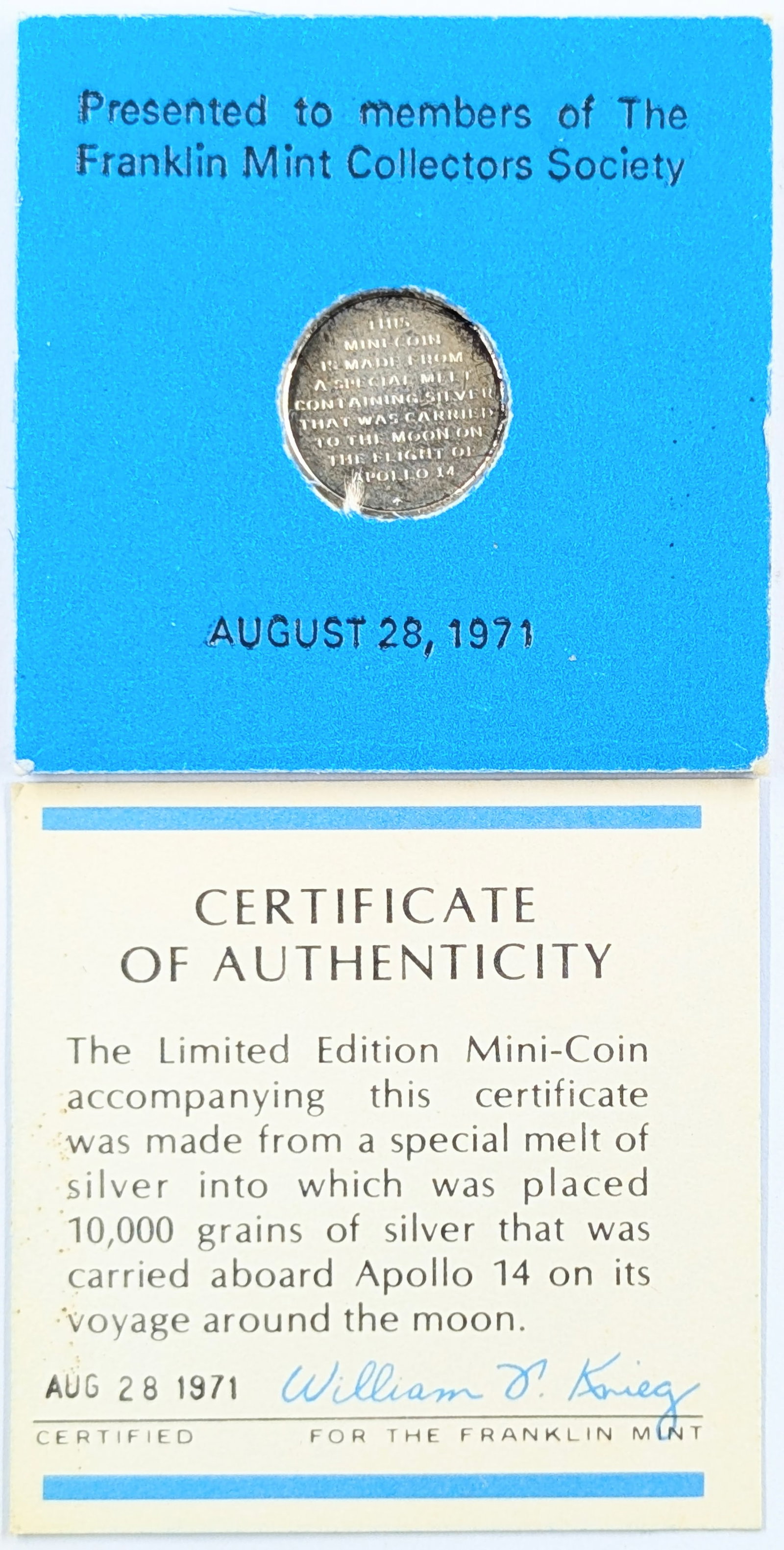Limited Edition Mini-Coin 10,000 Grains Silver from Apollo 14 Voyage to the Moon w/ COA (1 of 3)