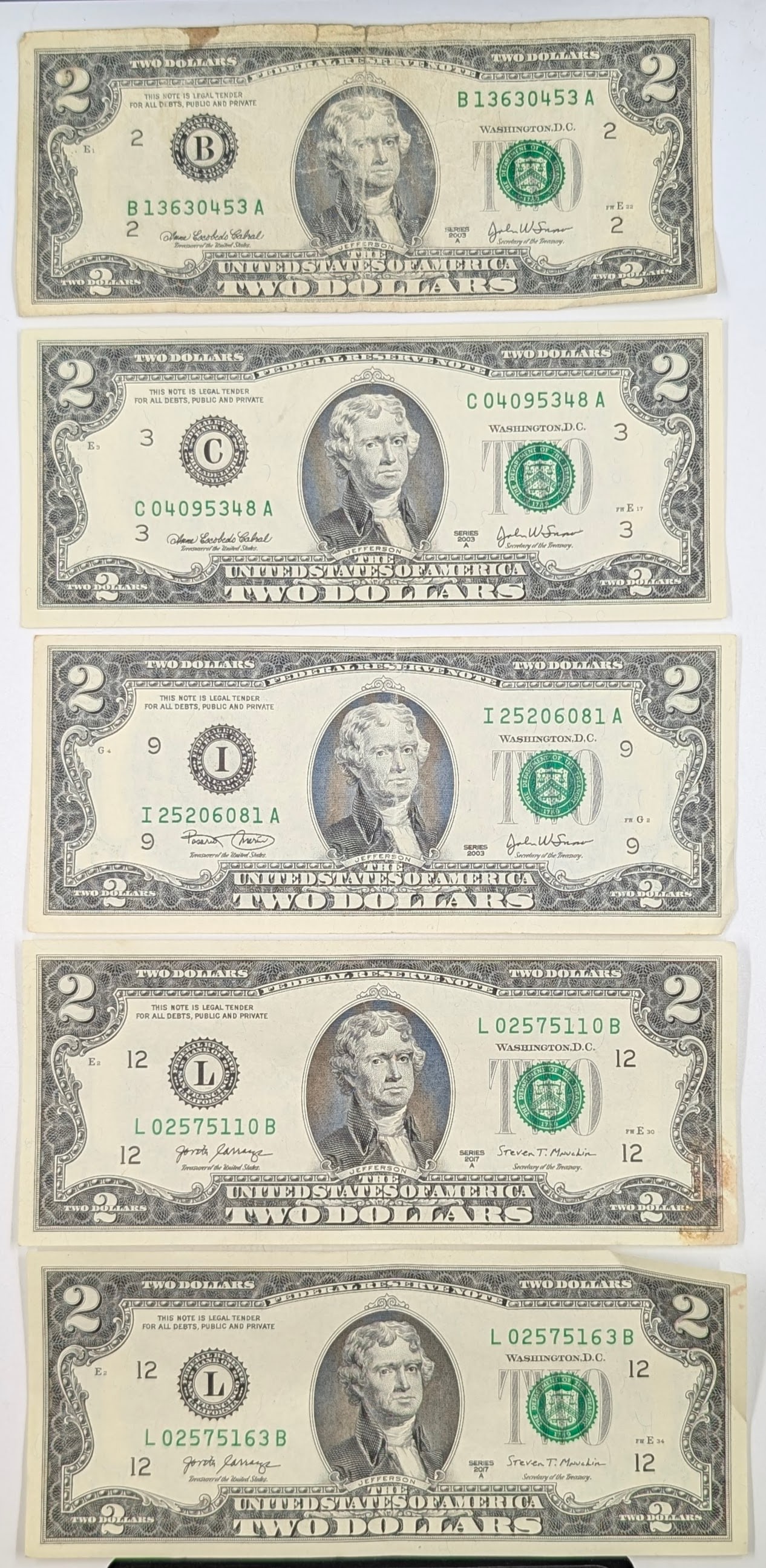 Lot of 5 - $2 Notes - Green Seals - 2003, 2003-A, 2017-A: Circulated Condition