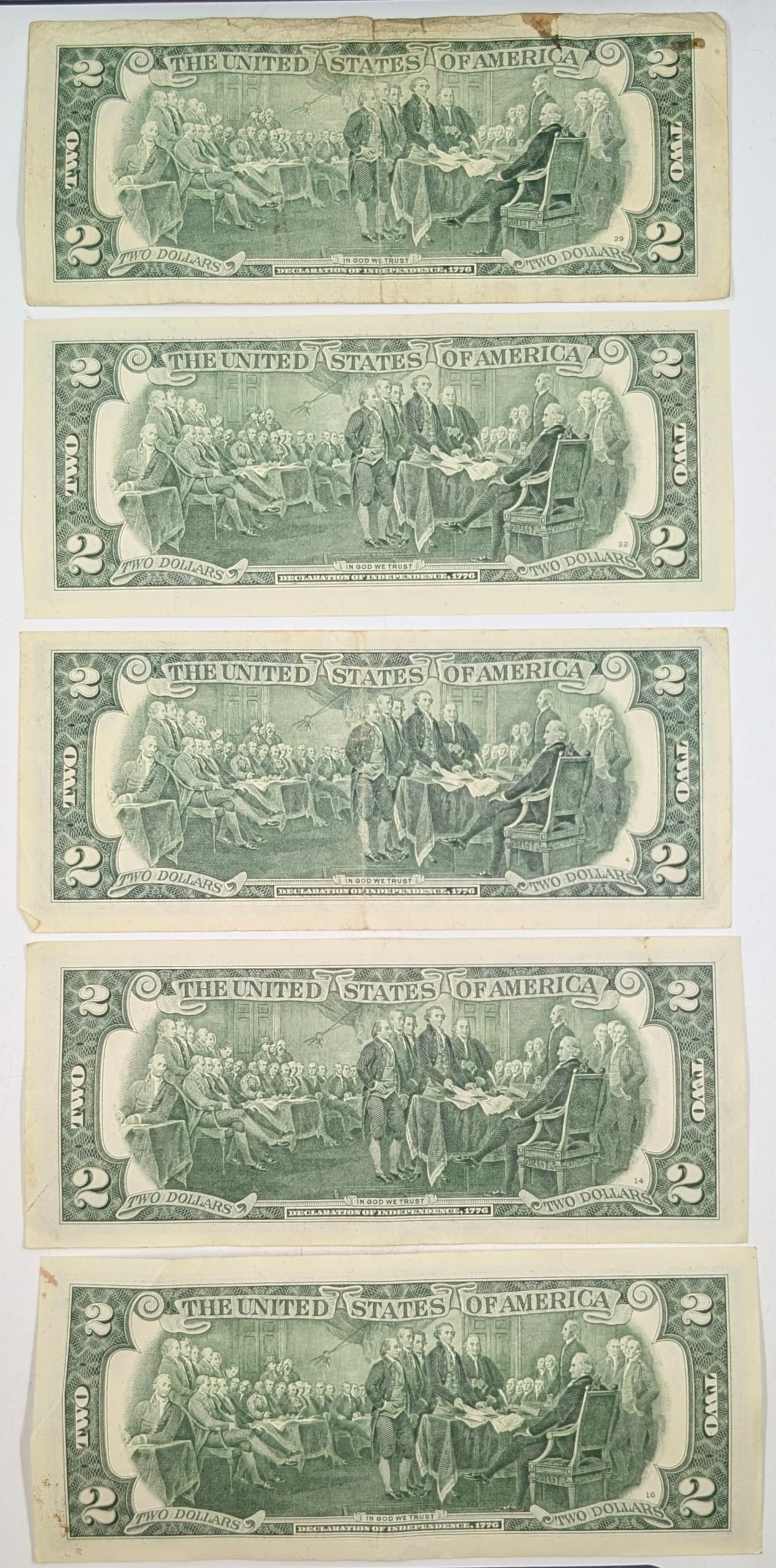 Lot of 5 - $2 Notes - Green Seals - 2003, 2003-A, 2017-A - 2