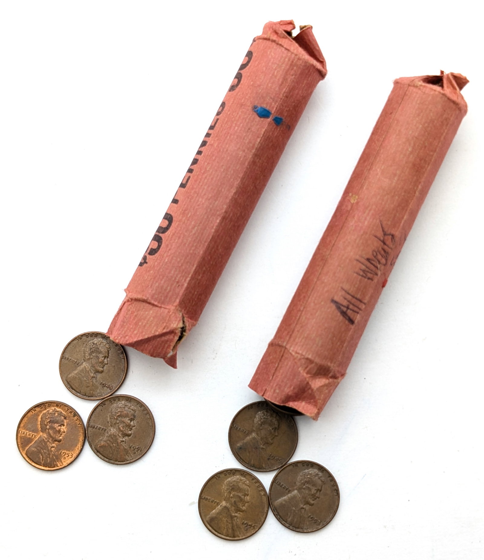 Lot of 2 Rolls of 50 (each) Wheat Cents - Mixed dates 1940s-1950s: Coin