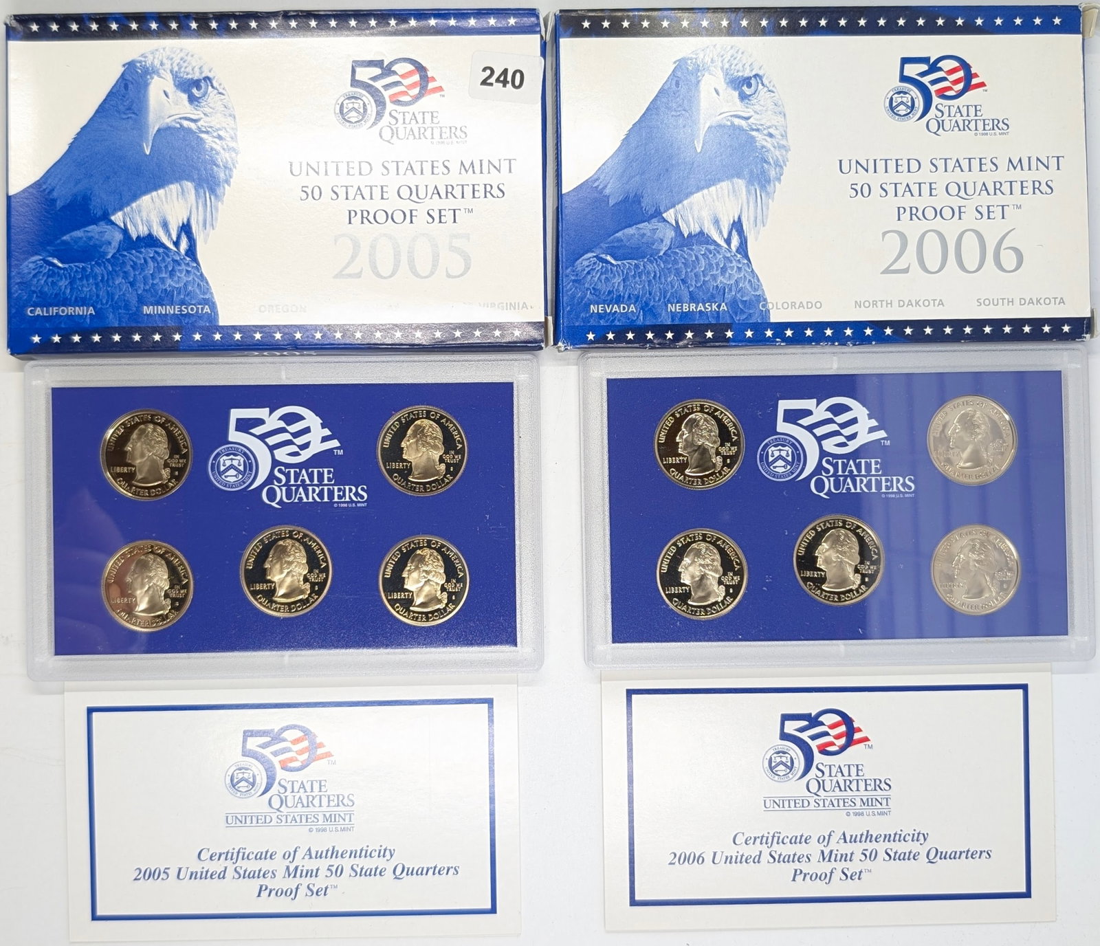 Lot of 2 US Mint 50 State Quarters Proof Sets w/ COAs - 2005, 2006 - 2