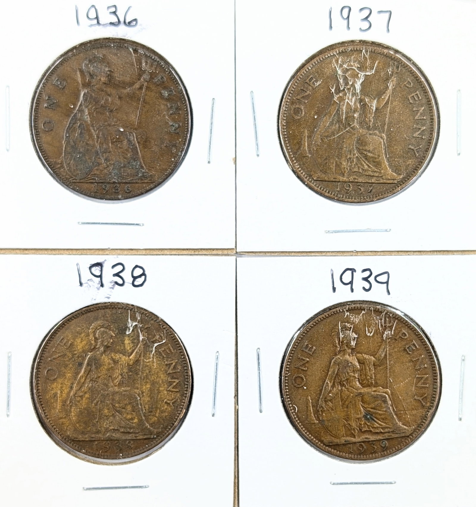 Lot of 4 Great Britain 1 Penny - 1936-1939 (1 of 2)