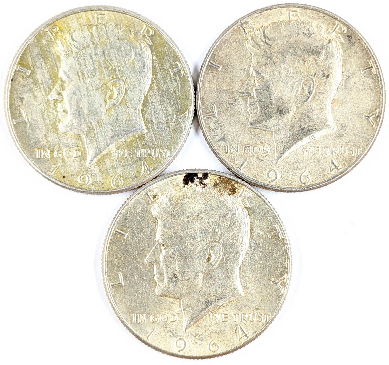 Lot of 3 Silver 1964 John F Kennedy Half Dollars: Silver
