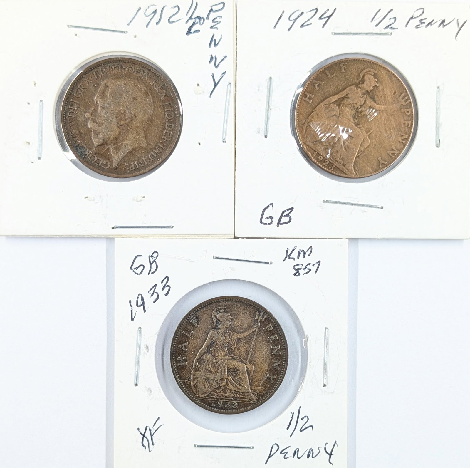 Lot of 3 Great Britain 1/2 Pennies - 1912, 1924, 1933: Coin