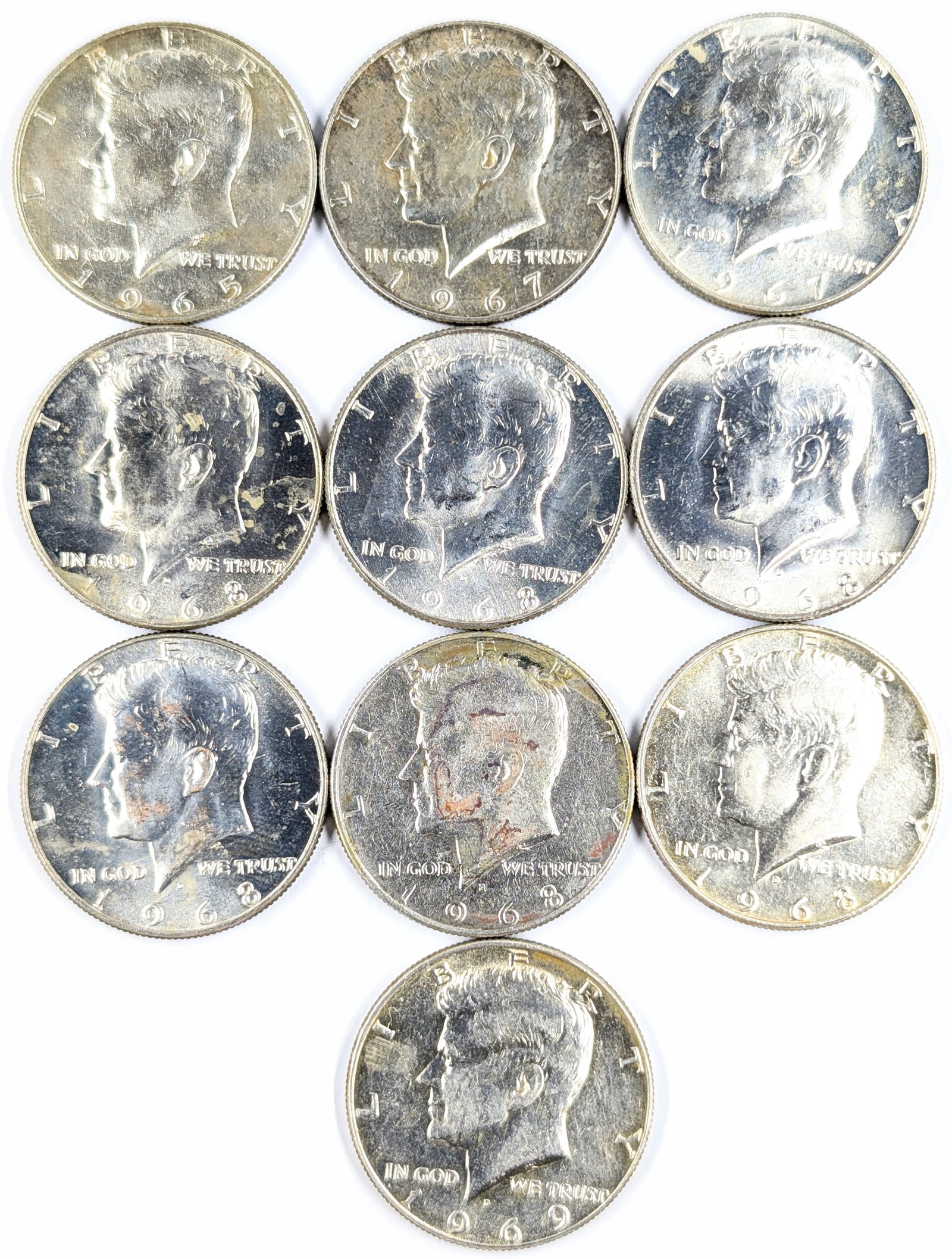 Lot of 10 Silver John F Kennedy Half Dollars - 1965-1969 - Most Uncirculated: 40% Silver