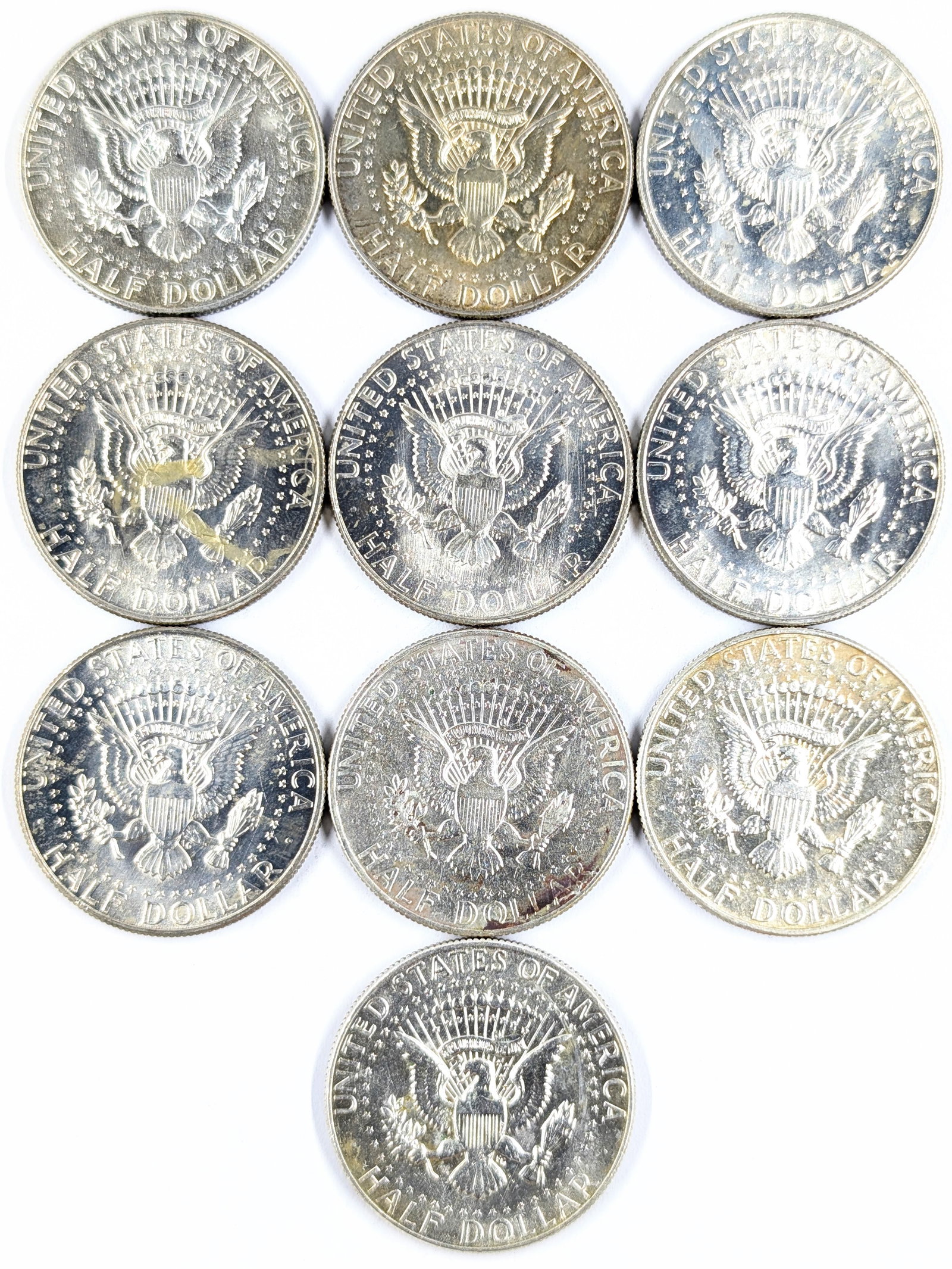 Lot of 10 Silver John F Kennedy Half Dollars - 1965-1969 - Most Uncirculated - 2