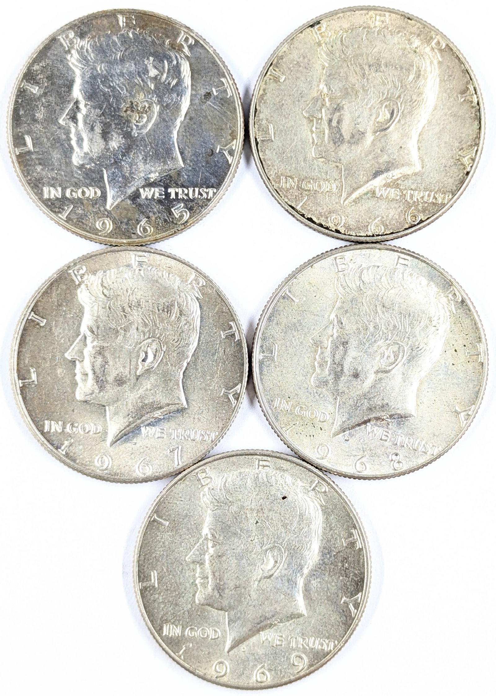 Lot of 5 Silver John F Kennedy Half Dollars - 1965-1969 - Some Uncirculated: 40% Silver